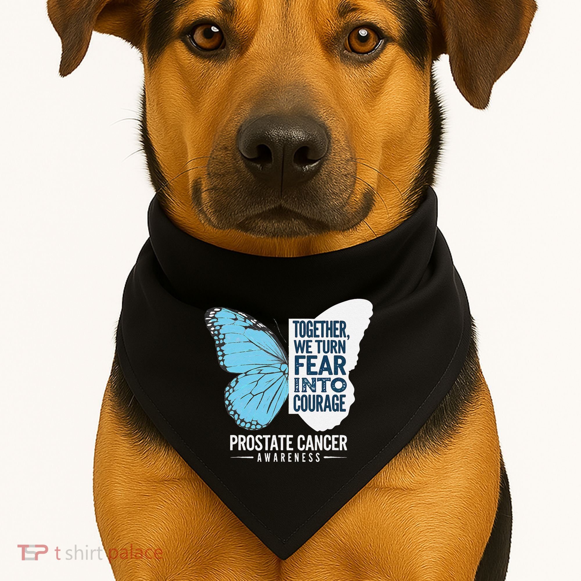 Prostate Awareness Light Blue Ribbon Fear Into Courage USA-Made Doggie Bandana