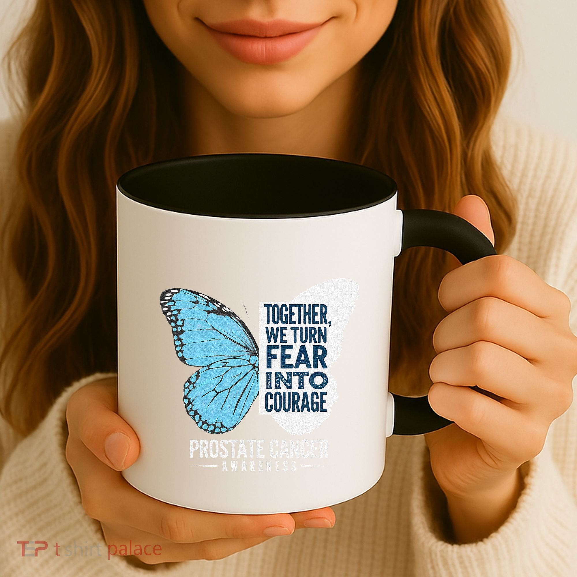Prostate Awareness Light Blue Ribbon Fear Into Courage Coffee Mug