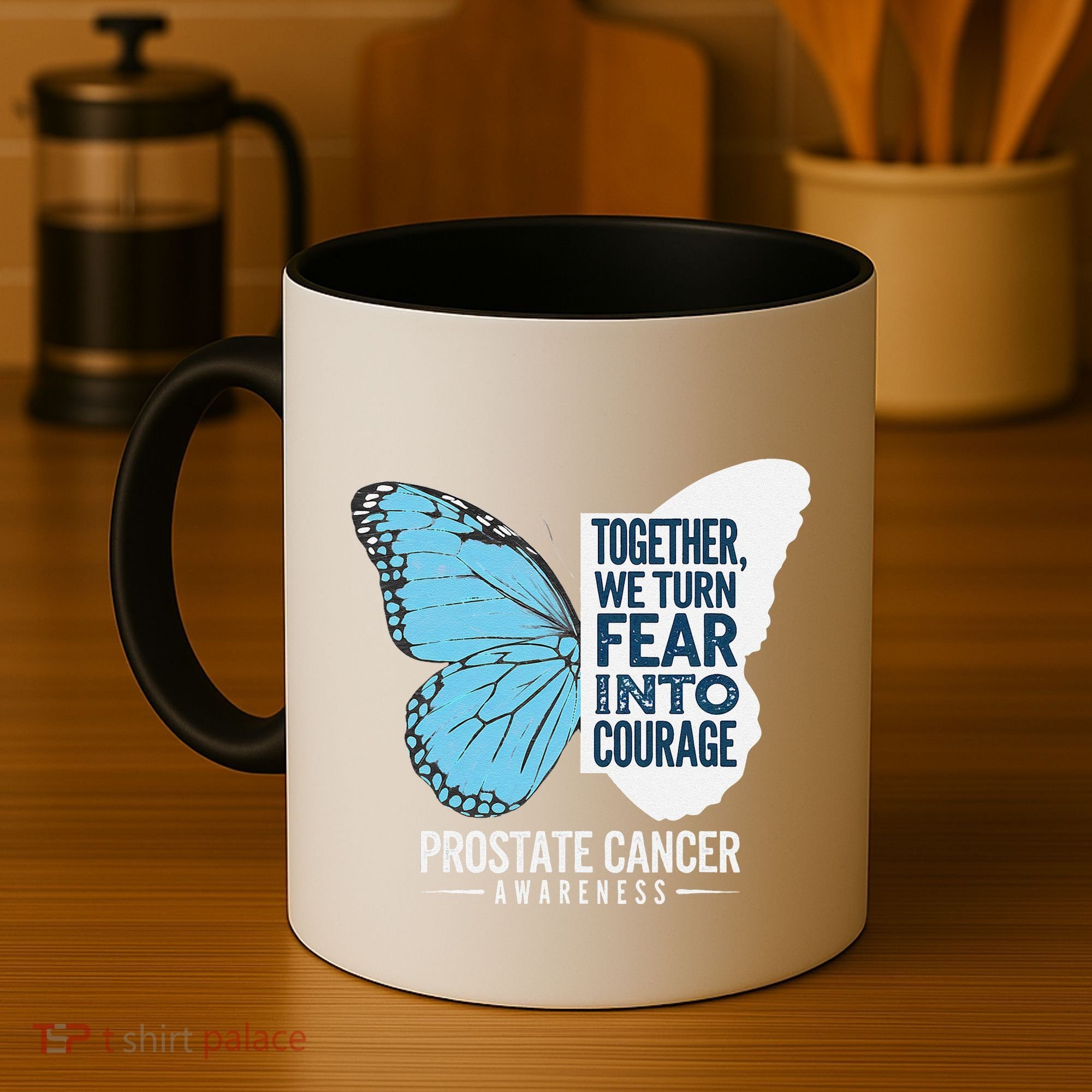 Prostate Awareness Light Blue Ribbon Fear Into Courage Coffee Mug