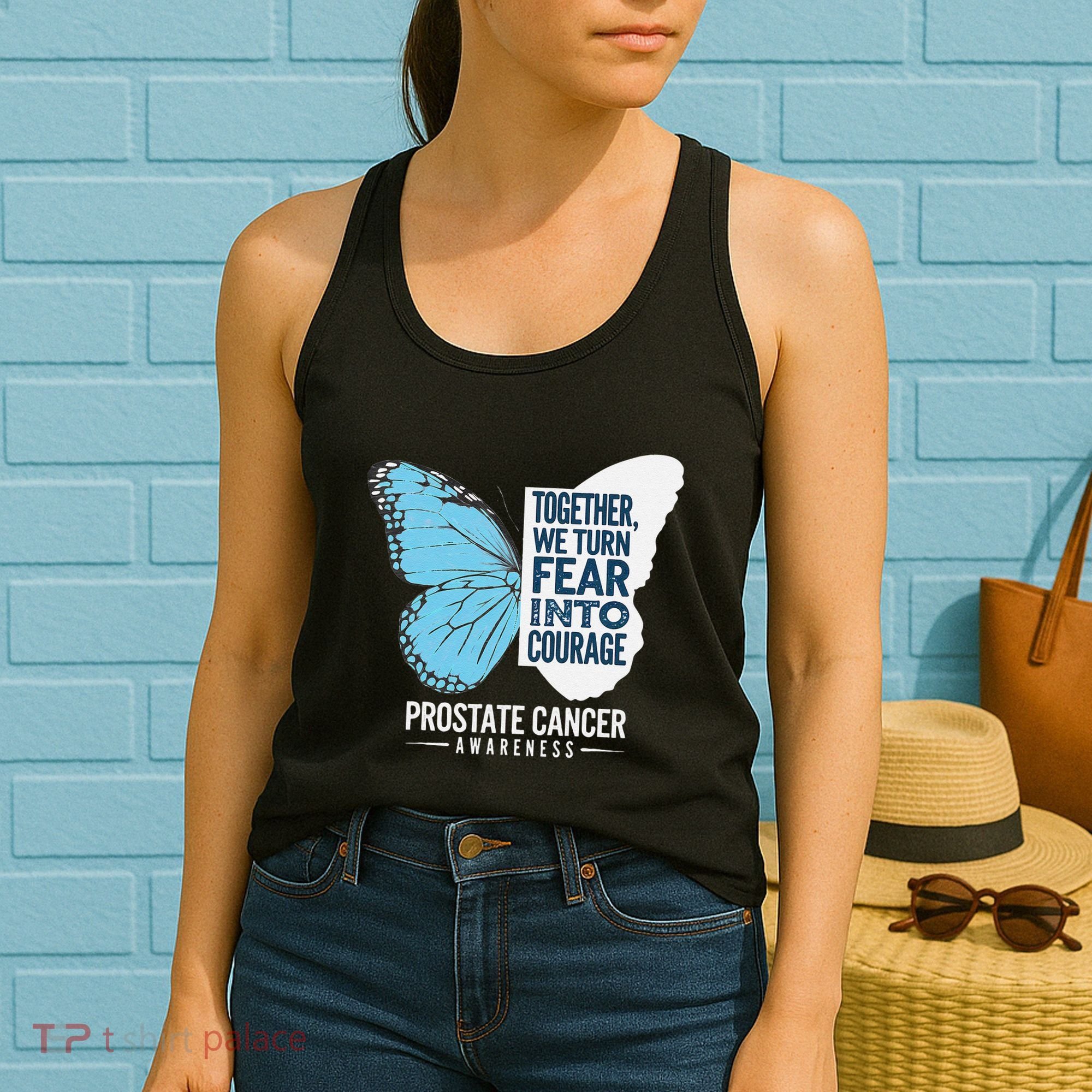 Prostate Awareness Light Blue Ribbon Fear Into Courage Women's Tank Top