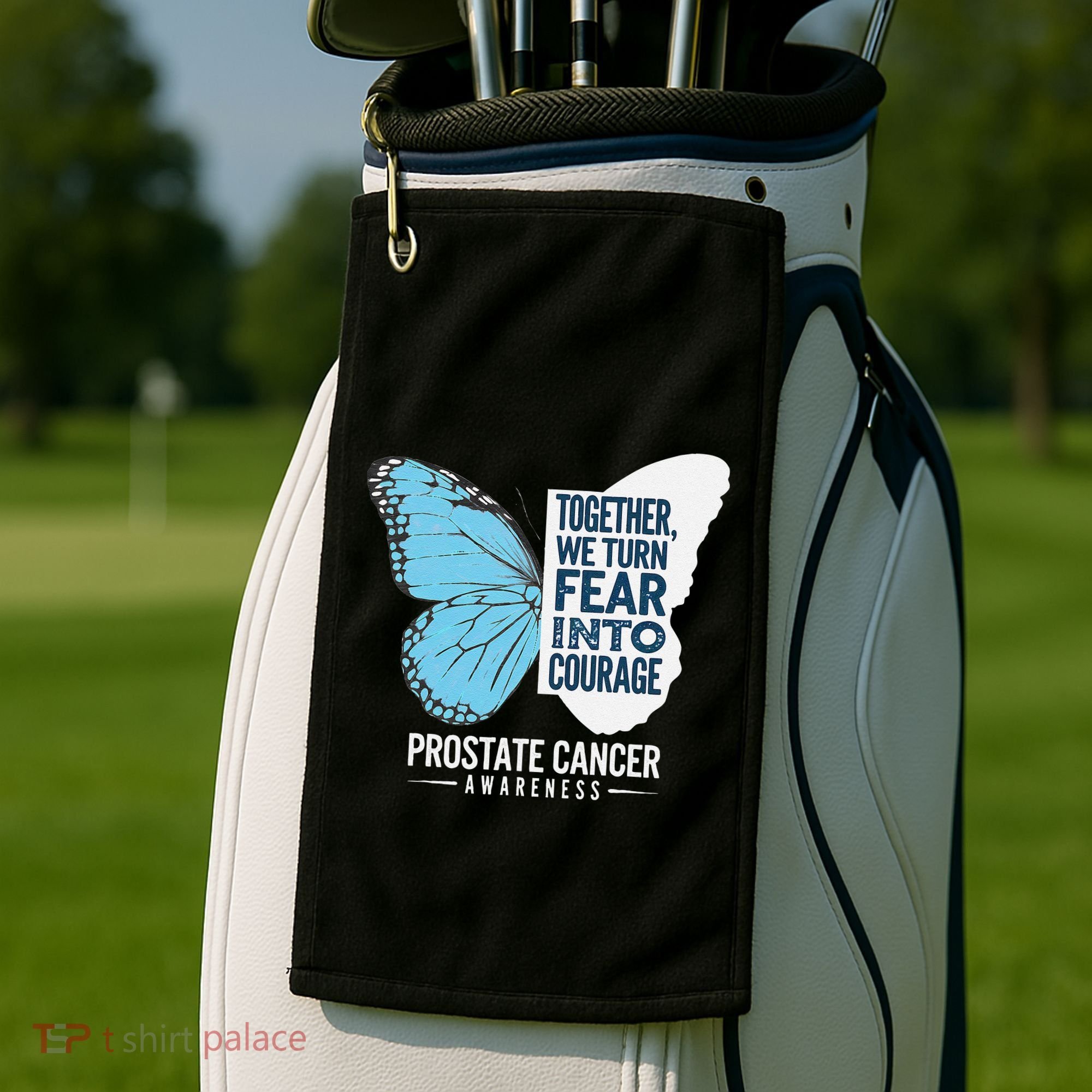 Prostate Awareness Light Blue Ribbon Fear Into Courage Golf Towel