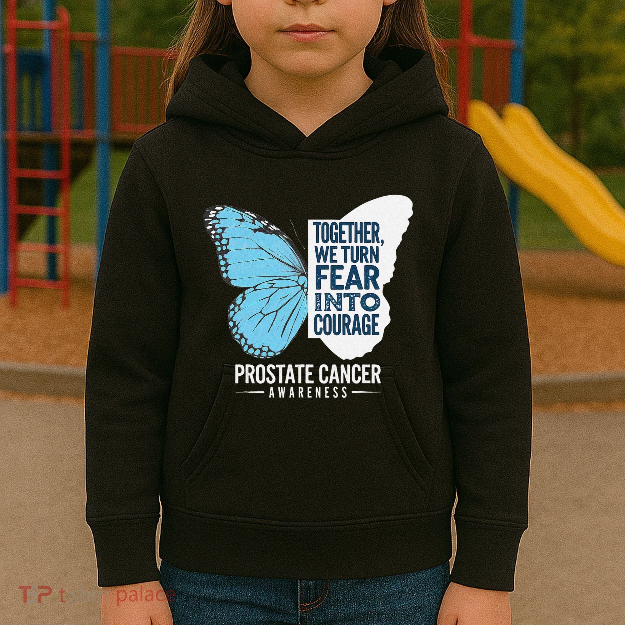 Prostate Awareness Light Blue Ribbon Fear Into Courage Kids Hoodie