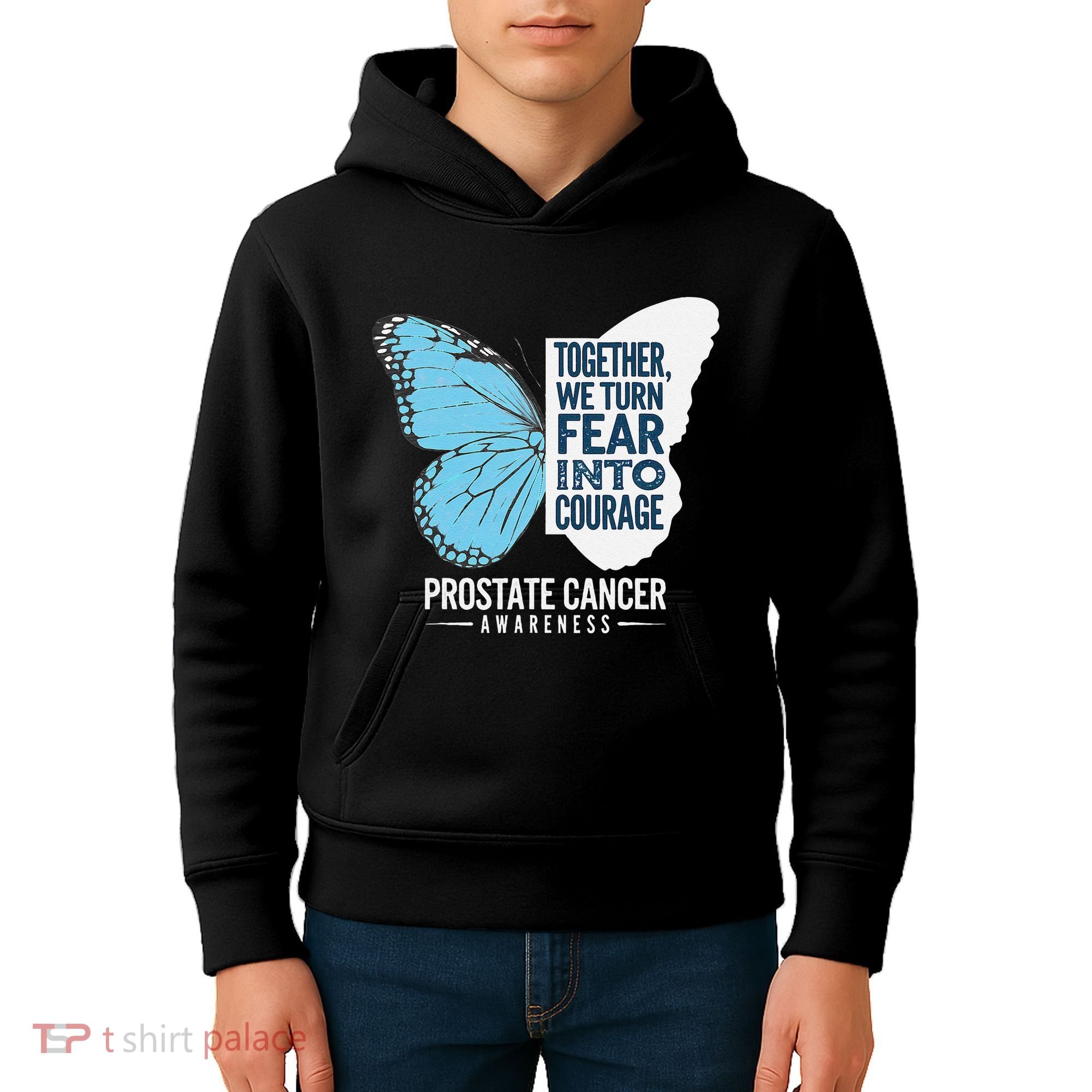 Prostate Awareness Light Blue Ribbon Fear Into Courage Kids Hoodie