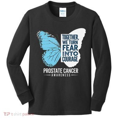 Prostate Awareness Light Blue Ribbon Fear Into Courage Kids Long Sleeve Shirt