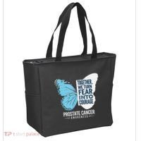 Prostate Awareness Light Blue Ribbon Fear Into Courage Tote Bag thumb 2