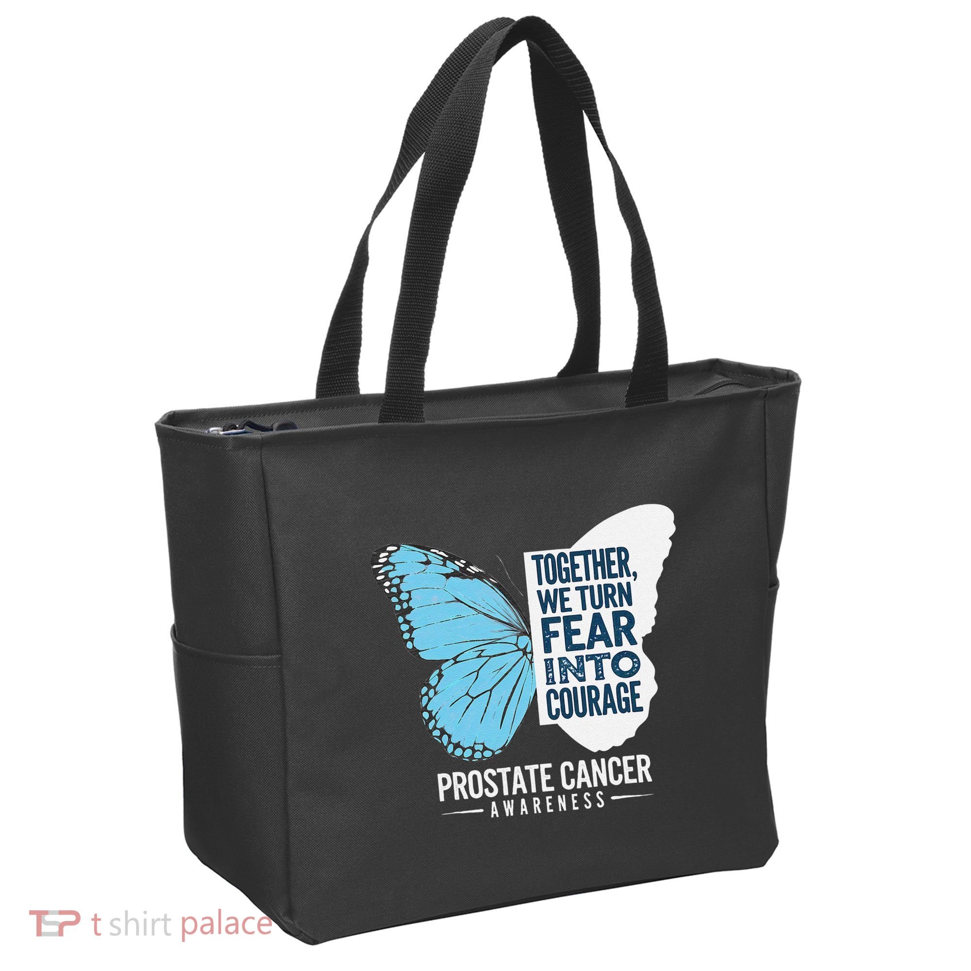 Prostate Awareness Light Blue Ribbon Fear Into Courage Tote Bag