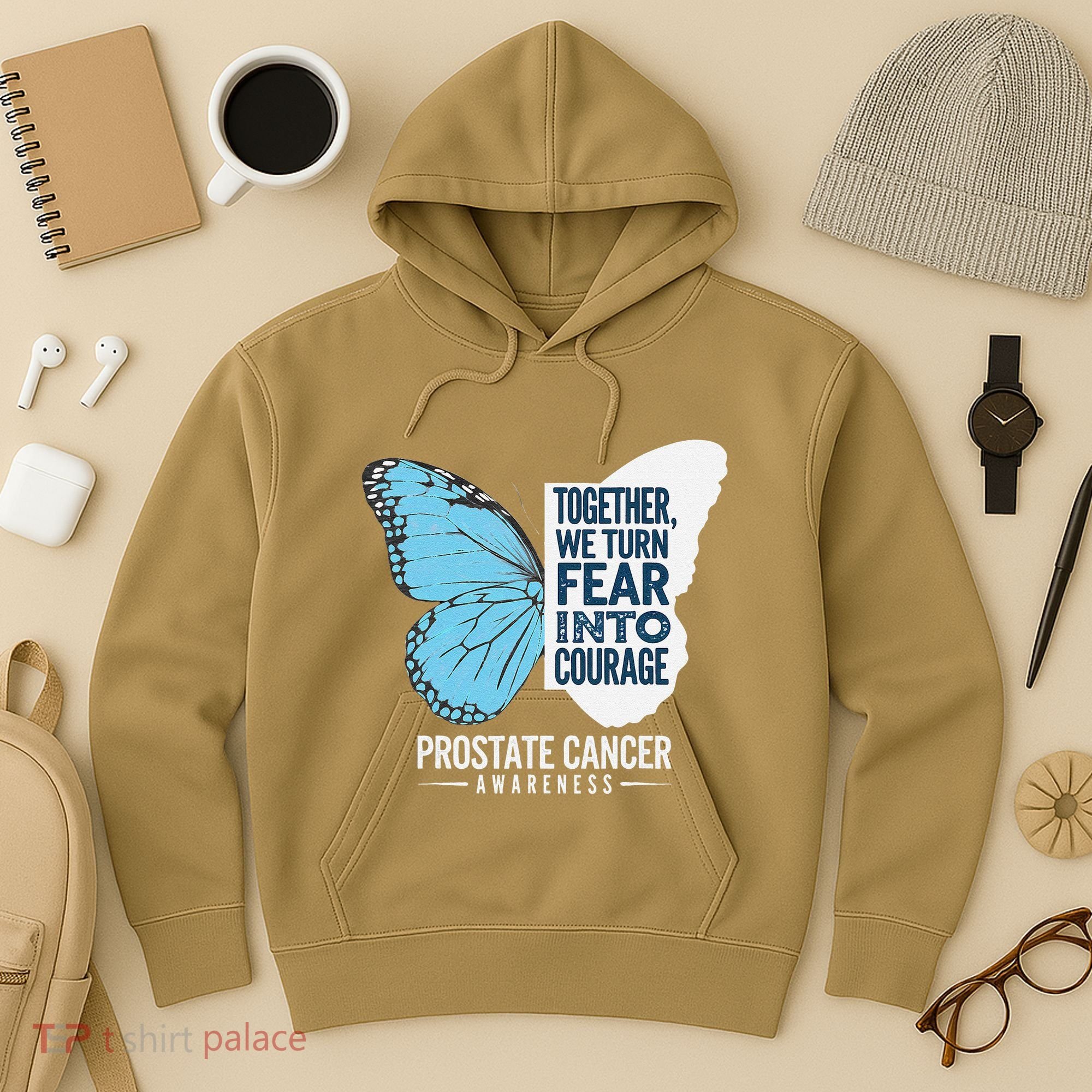 Prostate Awareness Light Blue Ribbon Fear Into Courage Hoodie