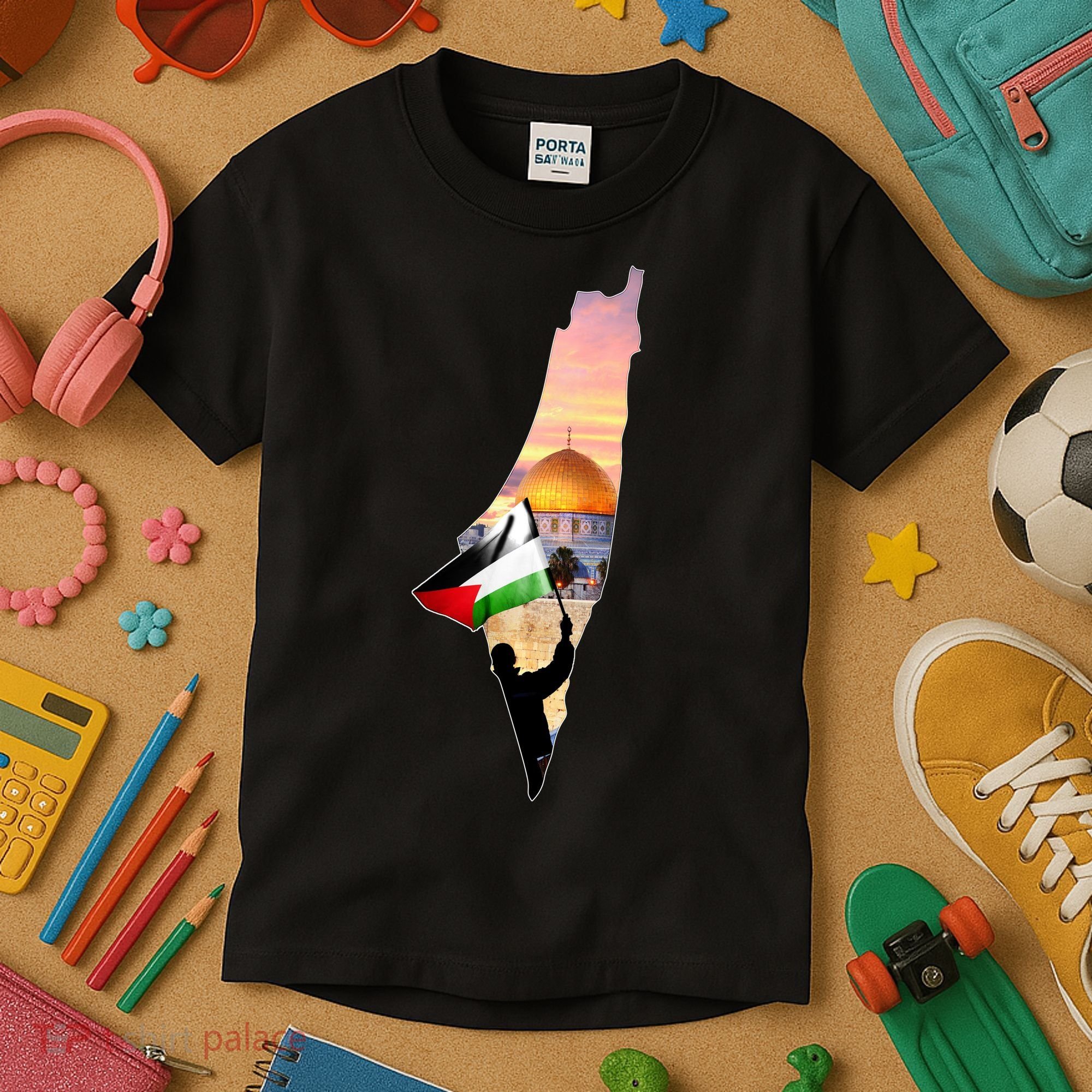 Palestine Map Flag Jerusalem's City Support Gaza Kids T-Shirt