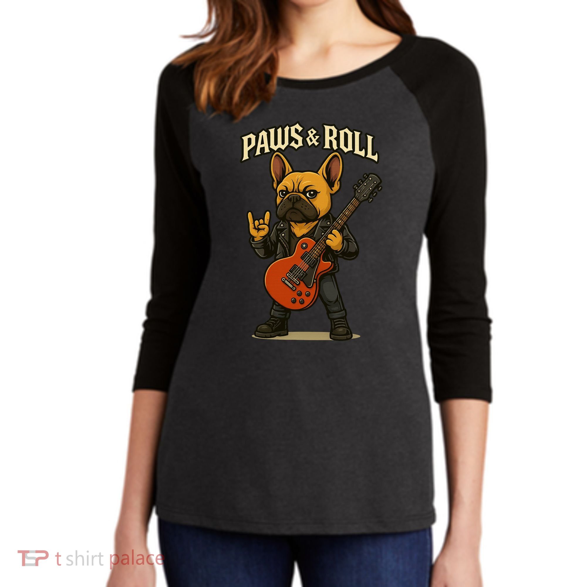 Paws And Roll French Bulldog Funny Women's Tri-Blend 3/4-Sleeve Raglan Shirt