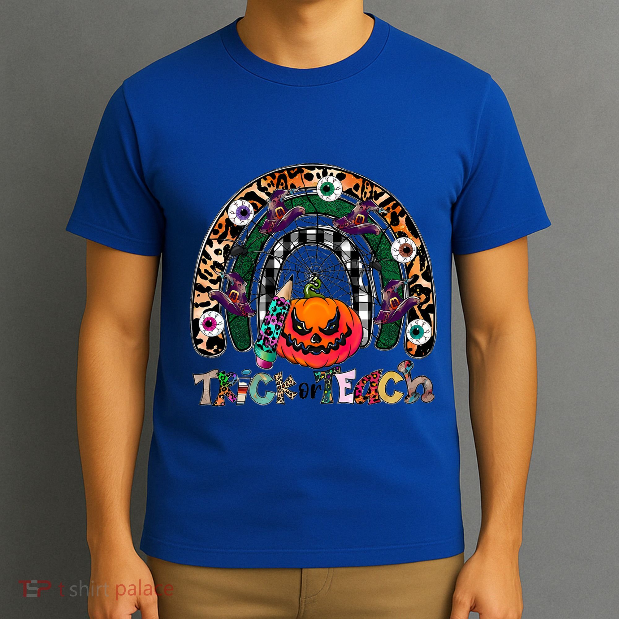 Pumpkins And Rainbow Trick Or Teach Teacher Halloween Funny Gift T-Shirt
