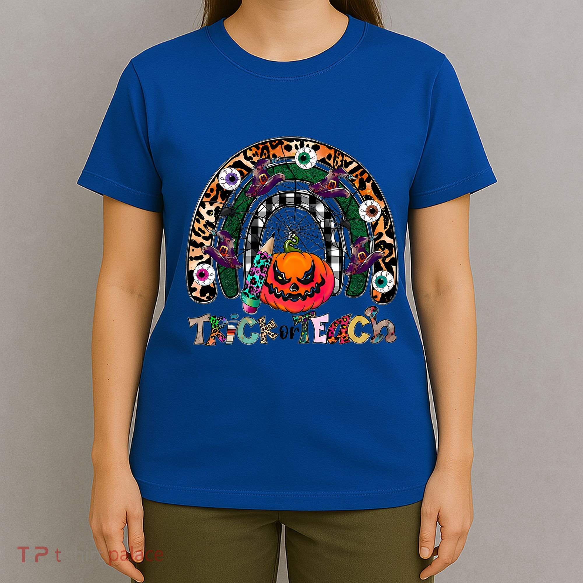 Pumpkins And Rainbow Trick Or Teach Teacher Halloween Funny Gift T-Shirt