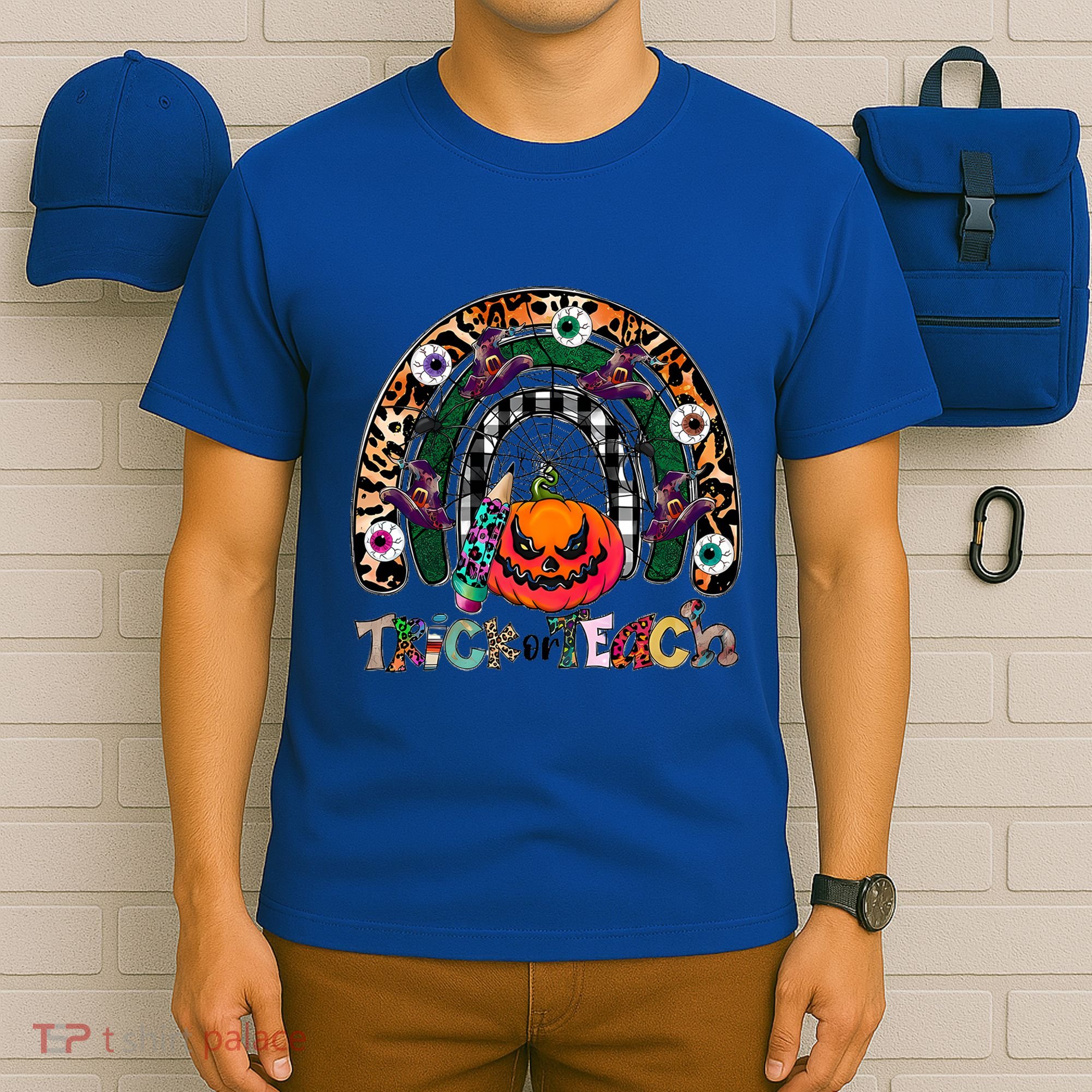 Pumpkins And Rainbow Trick Or Teach Teacher Halloween Funny Gift T-Shirt