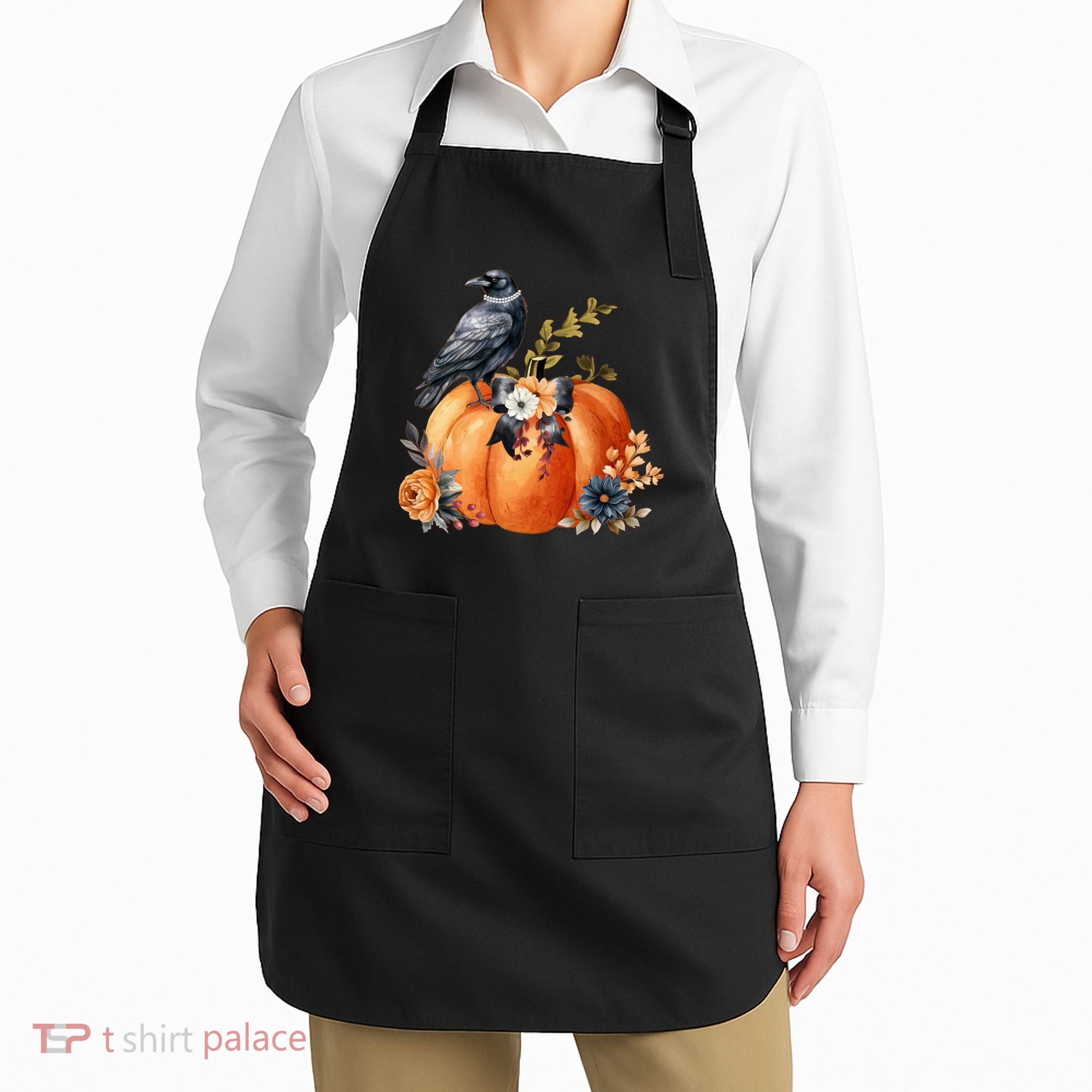 Pretty Autumn Raven Floral Pumpkin Fall Lover Apron