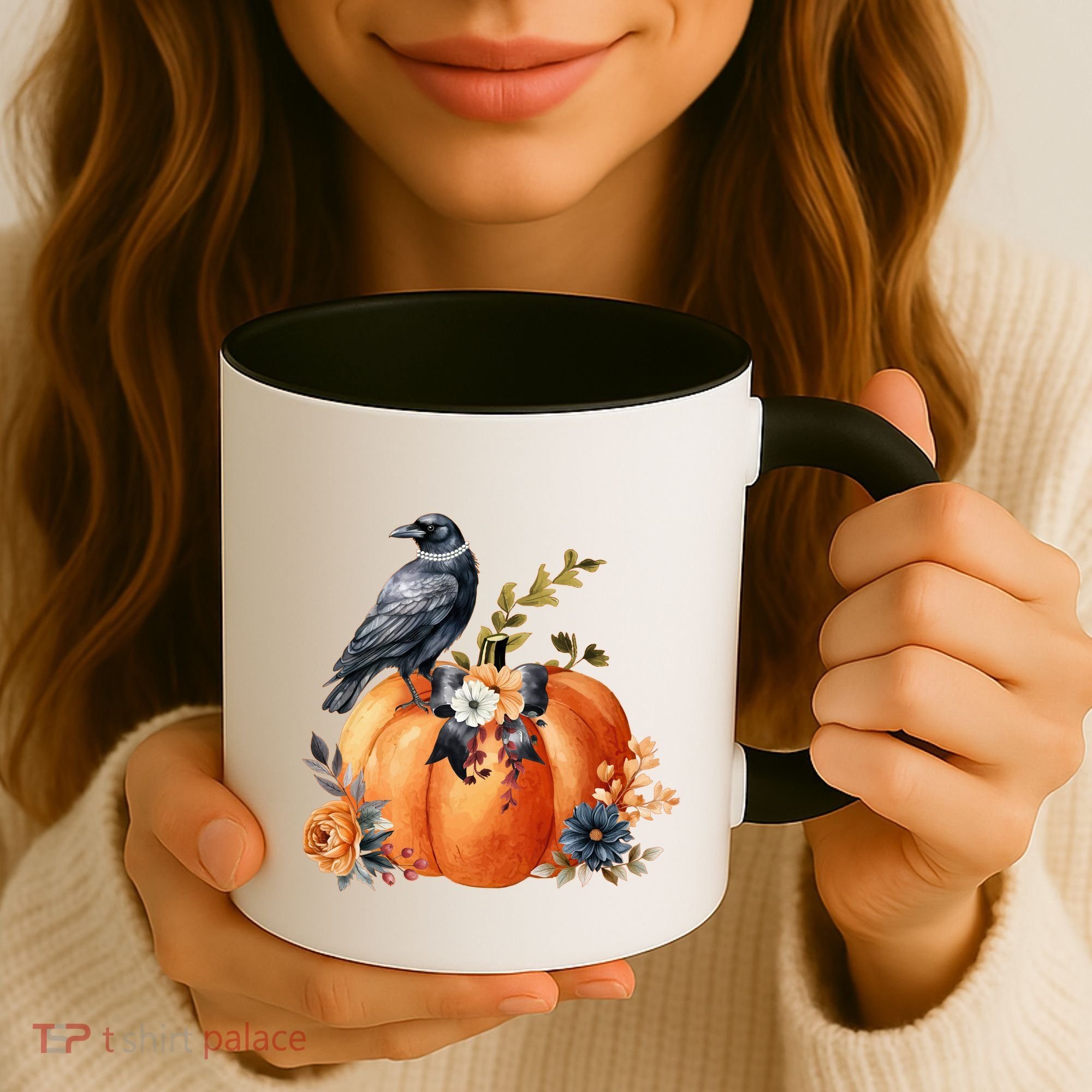 Pretty Autumn Raven Floral Pumpkin Fall Lover Coffee Mug