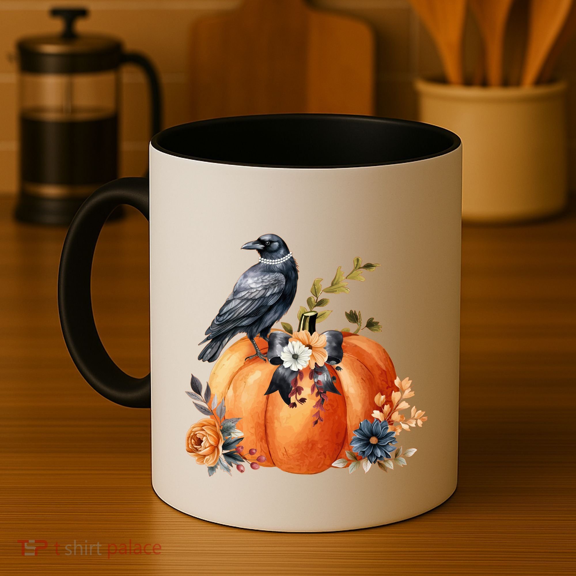 Pretty Autumn Raven Floral Pumpkin Fall Lover Coffee Mug