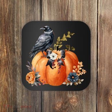 Pretty Autumn Raven Floral Pumpkin Fall Lover Coaster