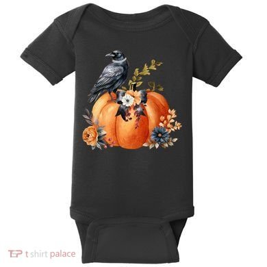 Pretty Autumn Raven Floral Pumpkin Fall Lover Baby Bodysuit