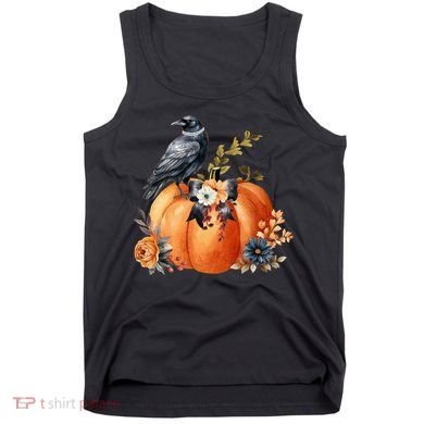 Pretty Autumn Raven Floral Pumpkin Fall Lover Tank Top