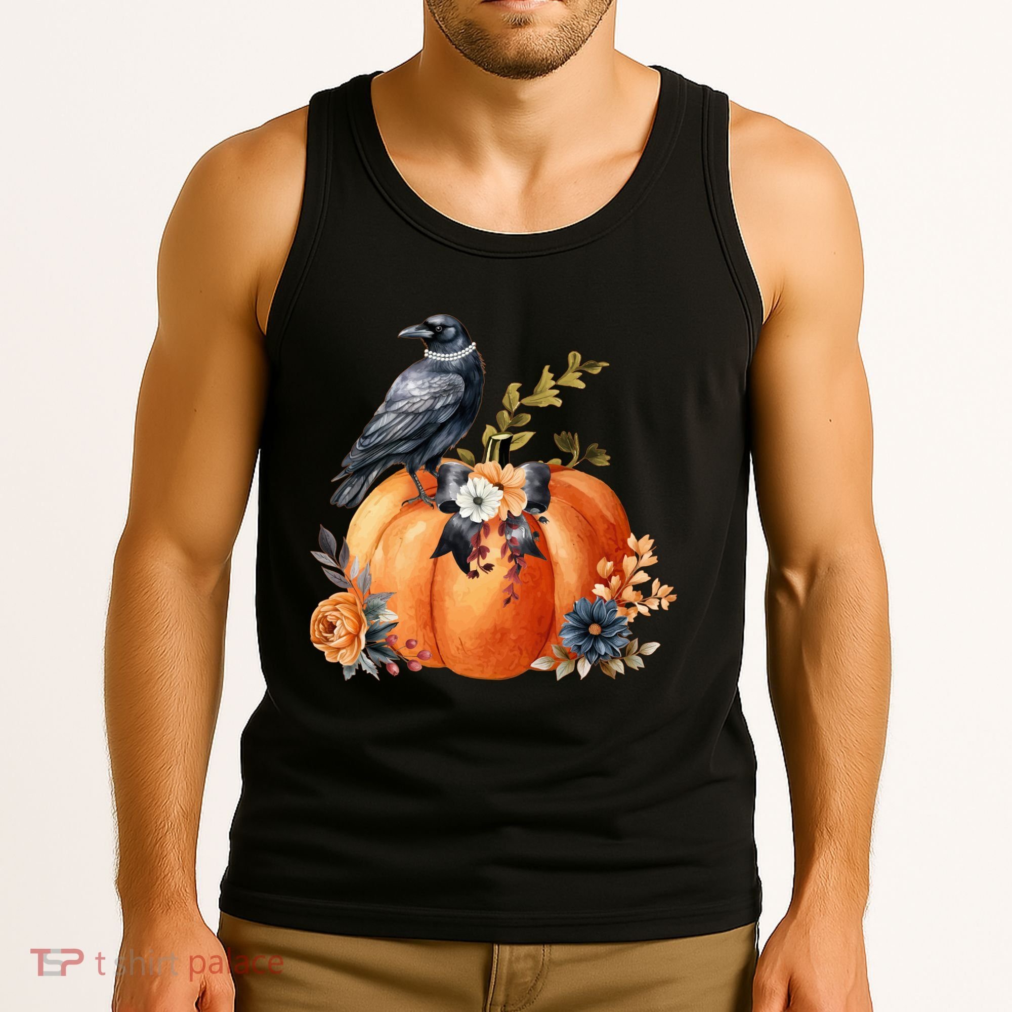 Pretty Autumn Raven Floral Pumpkin Fall Lover Tank Top