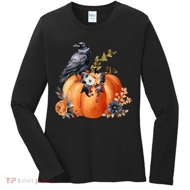 Pretty Autumn Raven Floral Pumpkin Fall Lover Women's Long Sleeve Shirt