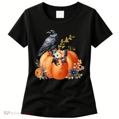 Pretty Autumn Raven Floral Pumpkin Fall Lover Women's T-Shirt