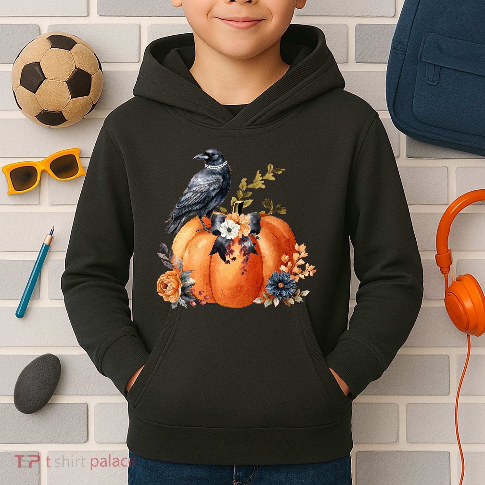 Pretty Autumn Raven Floral Pumpkin Fall Lover Kids Hoodie