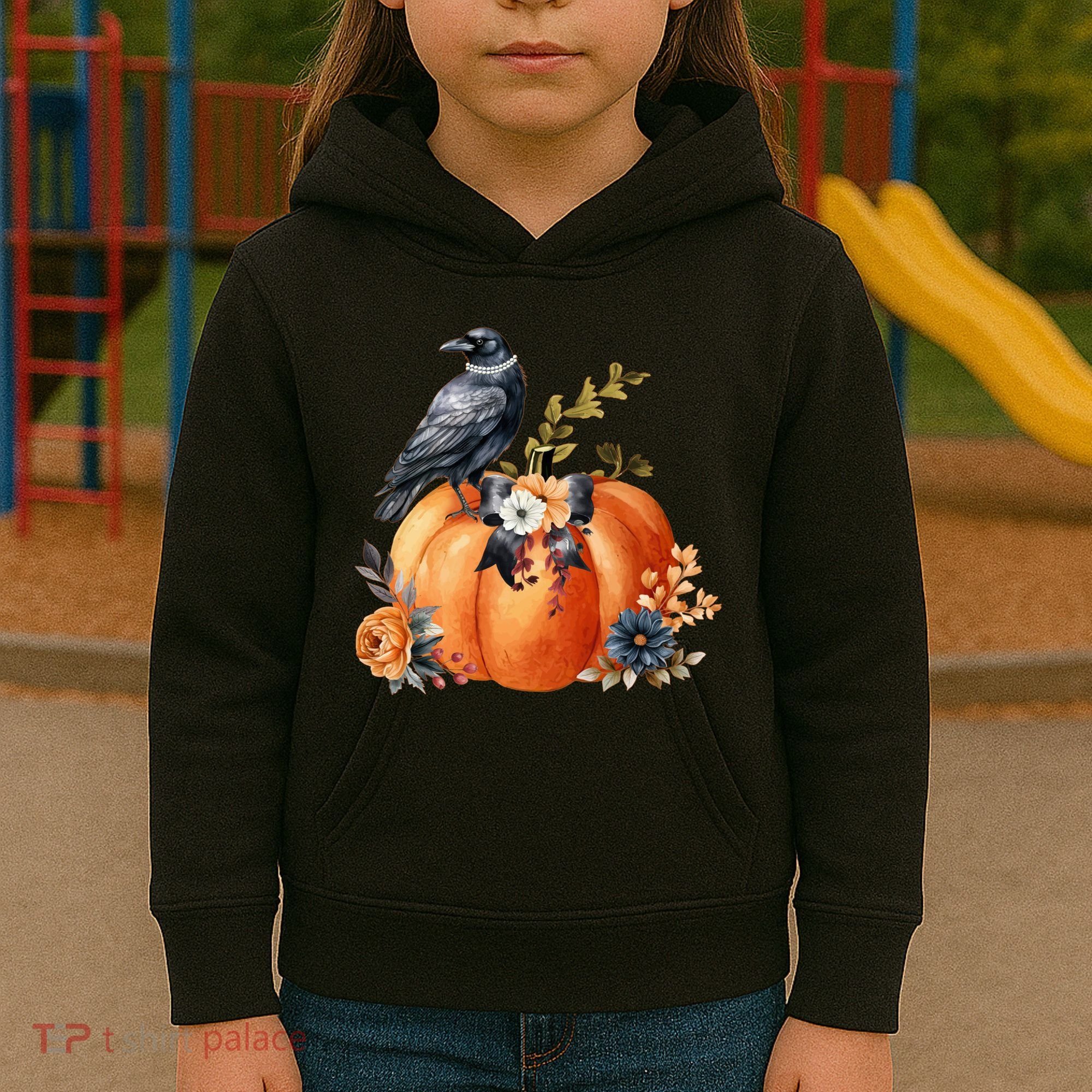 Pretty Autumn Raven Floral Pumpkin Fall Lover Kids Hoodie