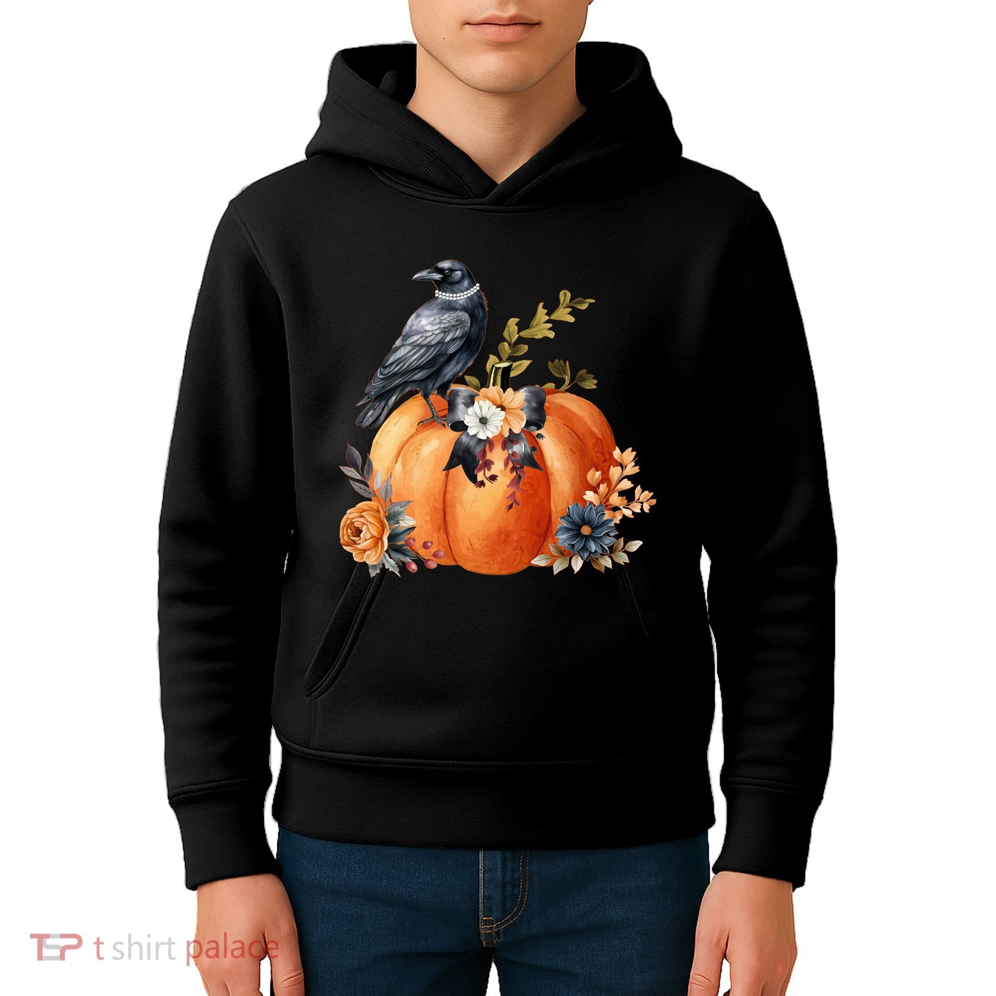 Pretty Autumn Raven Floral Pumpkin Fall Lover Kids Hoodie