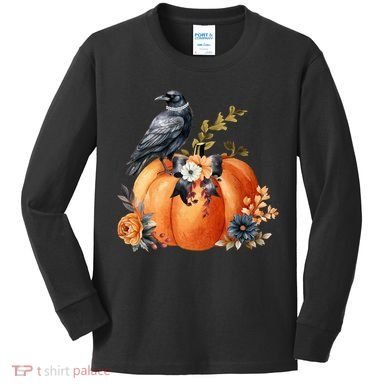 Pretty Autumn Raven Floral Pumpkin Fall Lover Kids Long Sleeve Shirt