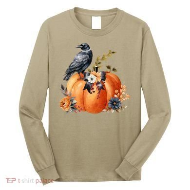 Pretty Autumn Raven Floral Pumpkin Fall Lover Long Sleeve Shirt