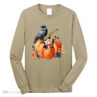Pretty Autumn Raven Floral Pumpkin Fall Lover Long Sleeve Shirt thumb 0
