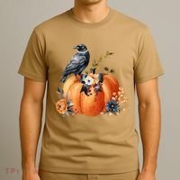 Pretty Autumn Raven Floral Pumpkin Fall Lover T-Shirt thumb 3