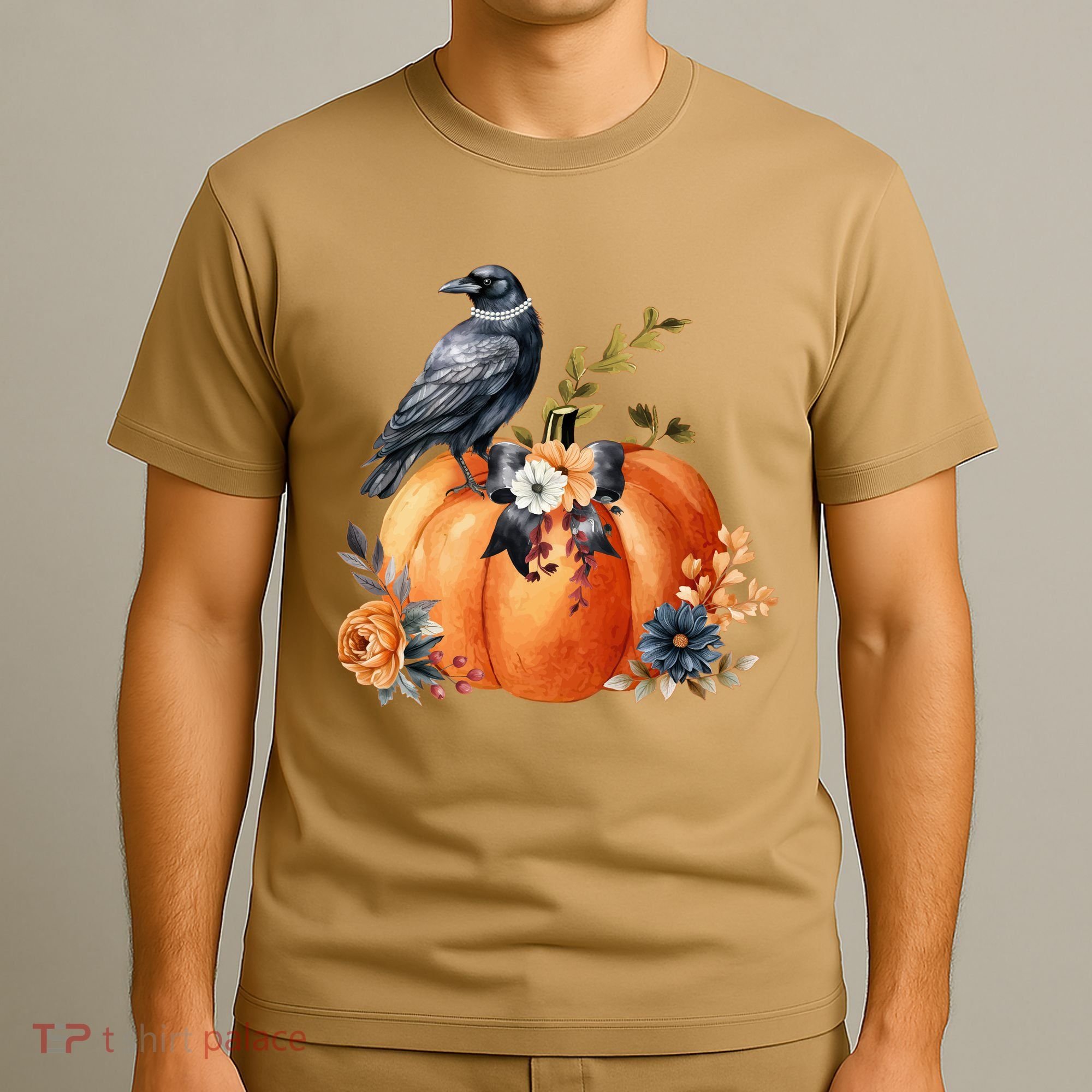Pretty Autumn Raven Floral Pumpkin Fall Lover T-Shirt