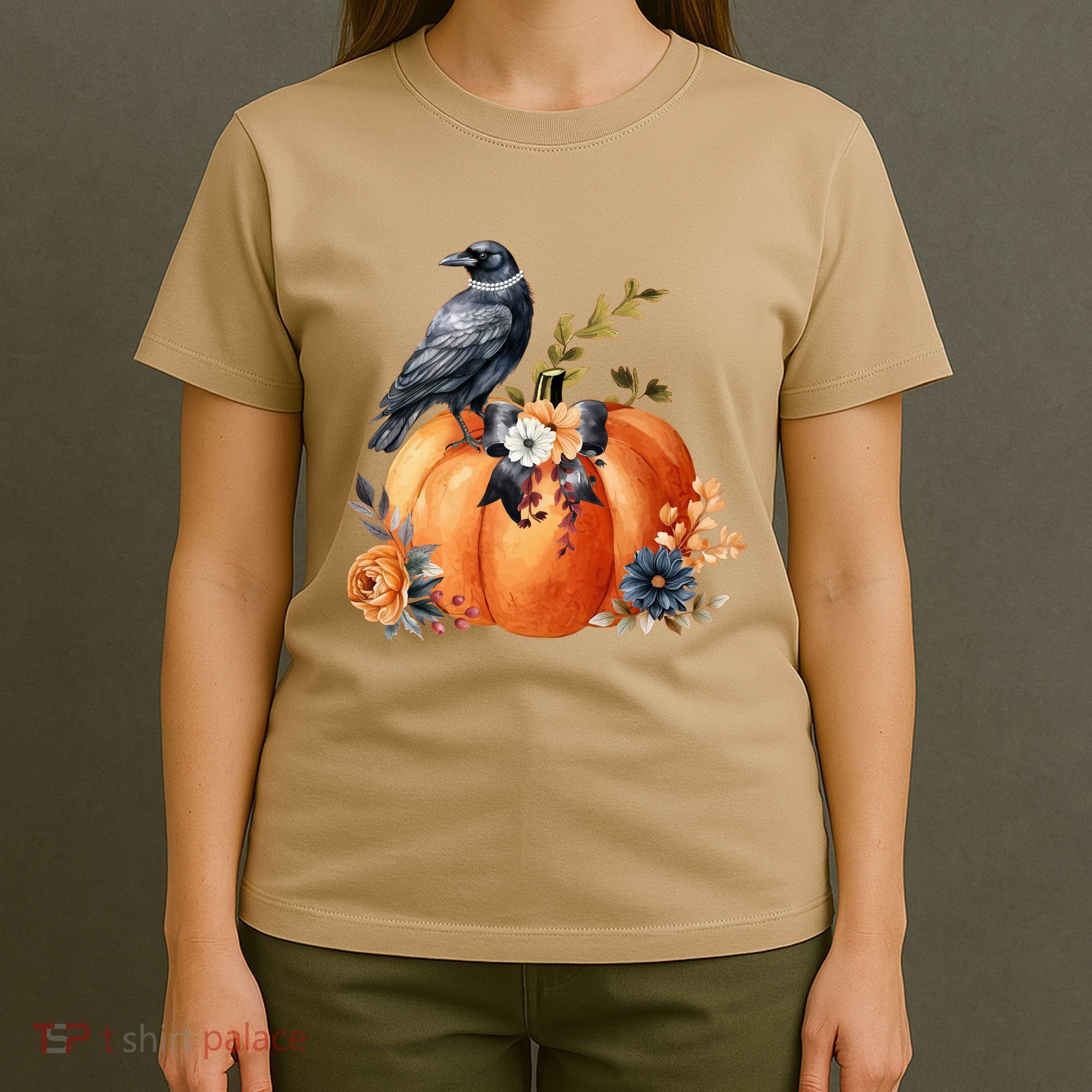 Pretty Autumn Raven Floral Pumpkin Fall Lover T-Shirt