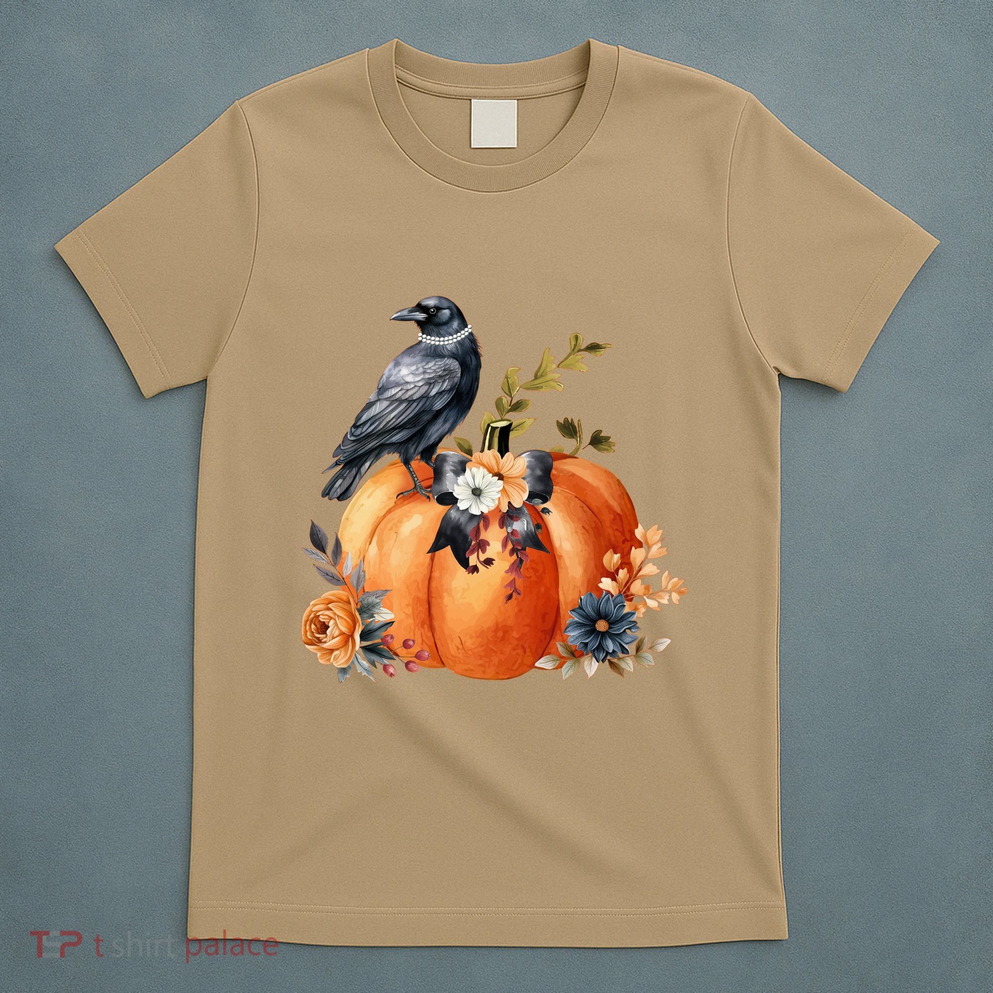 Pretty Autumn Raven Floral Pumpkin Fall Lover T-Shirt