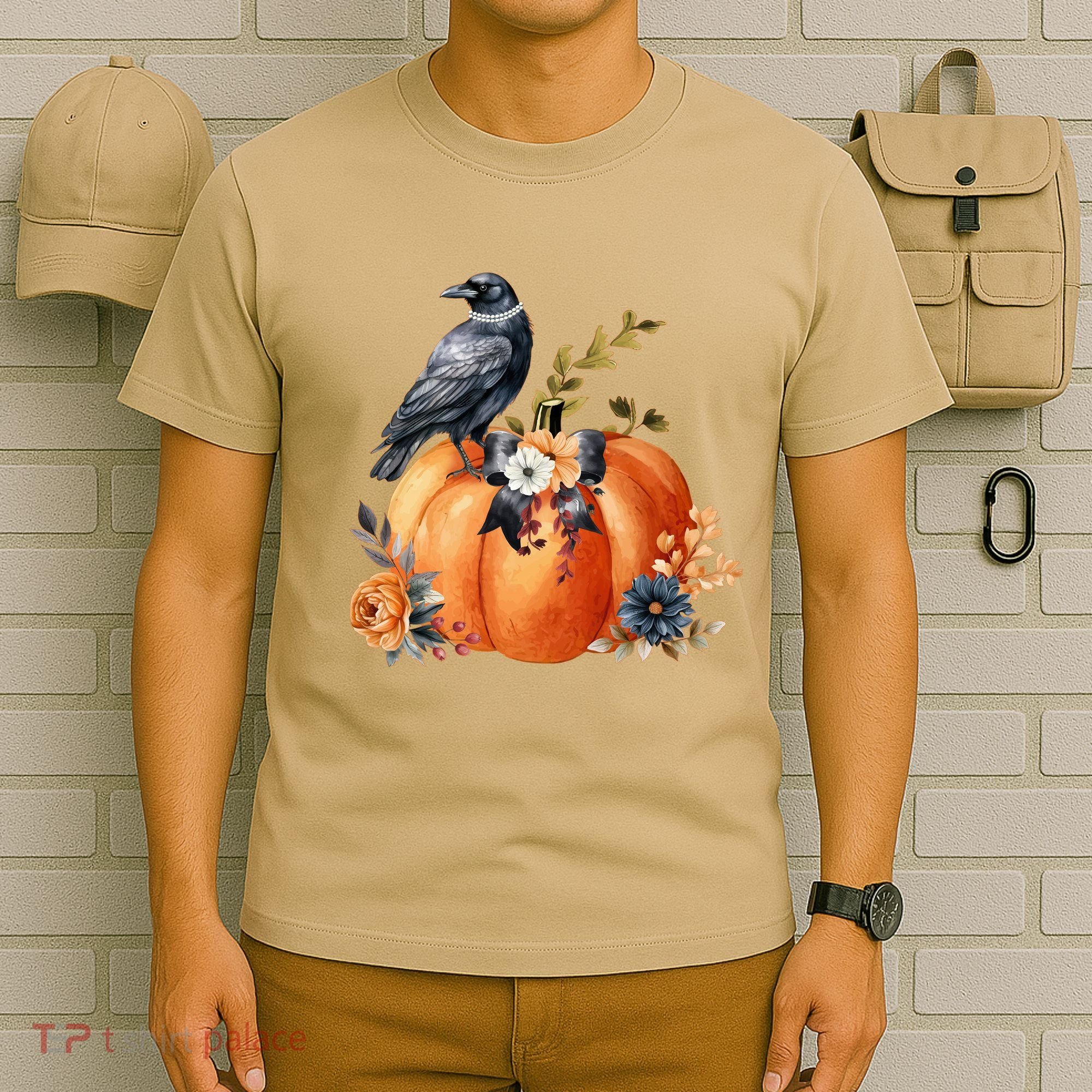 Pretty Autumn Raven Floral Pumpkin Fall Lover T-Shirt