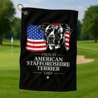 Proud American Staffordshire Terrier Dad American Flag Dog Golf Towel thumb 1