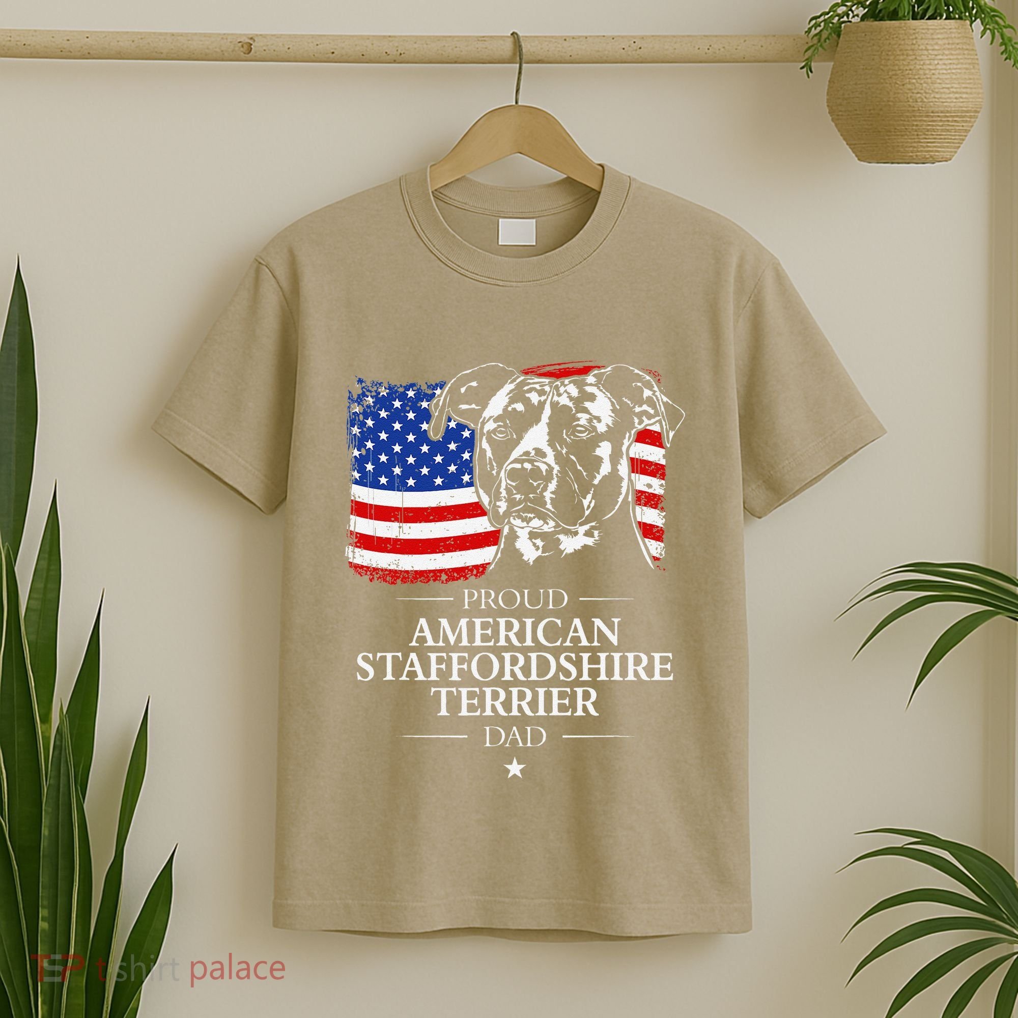 Proud American Staffordshire Terrier Dad American Flag Dog T-Shirt