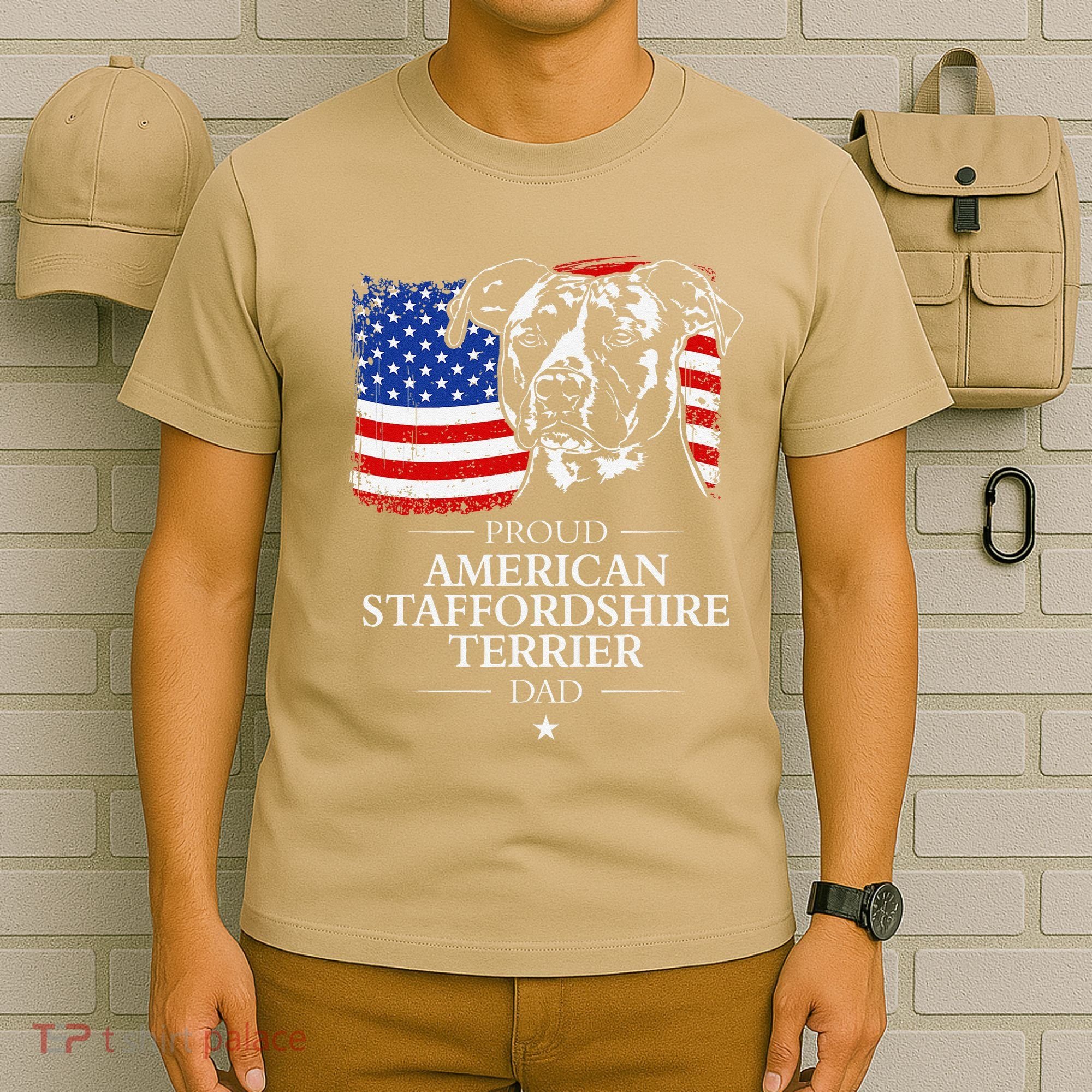 Proud American Staffordshire Terrier Dad American Flag Dog T-Shirt