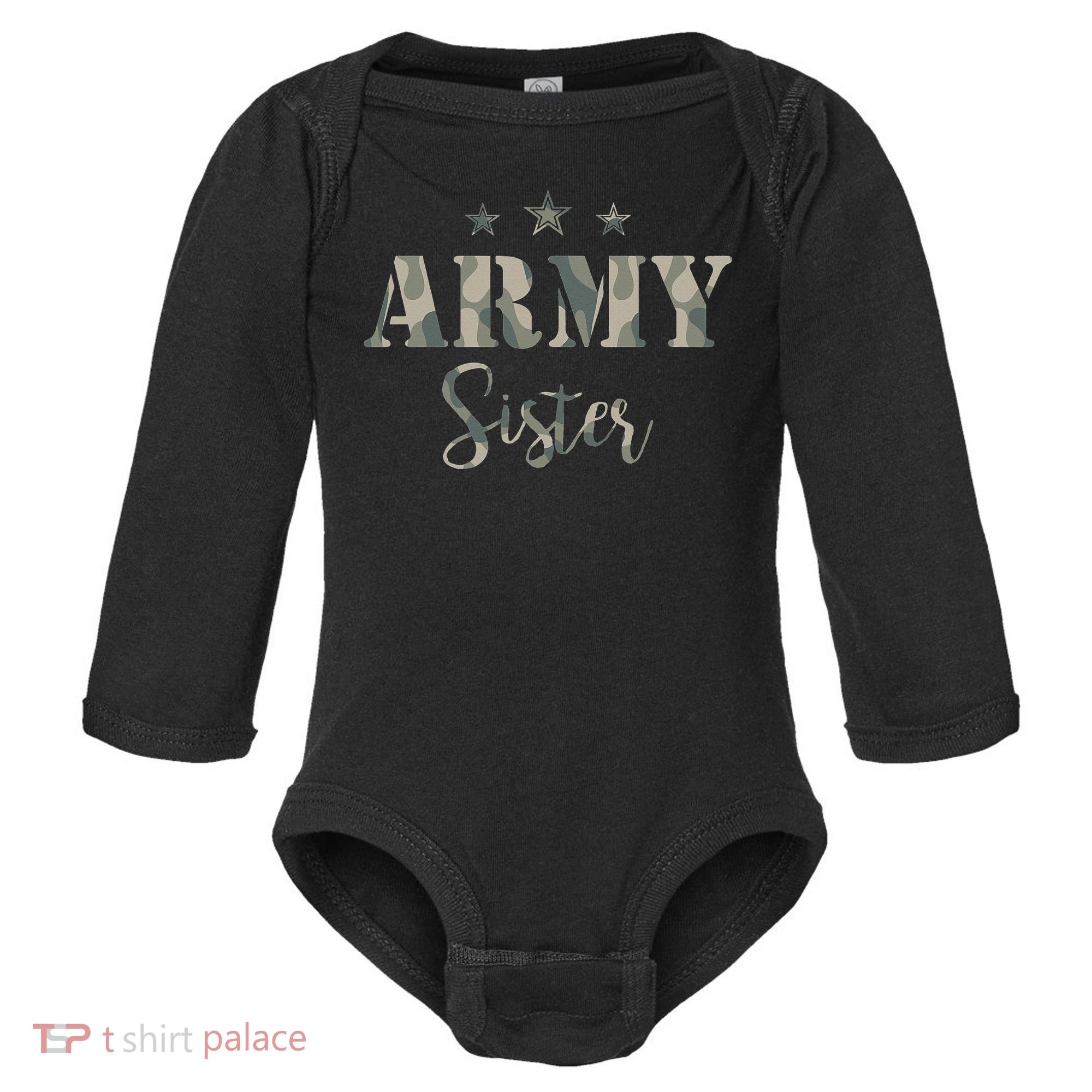 Proud Army Sister Camouflage Army Sister Baby Long Sleeve Bodysuit
