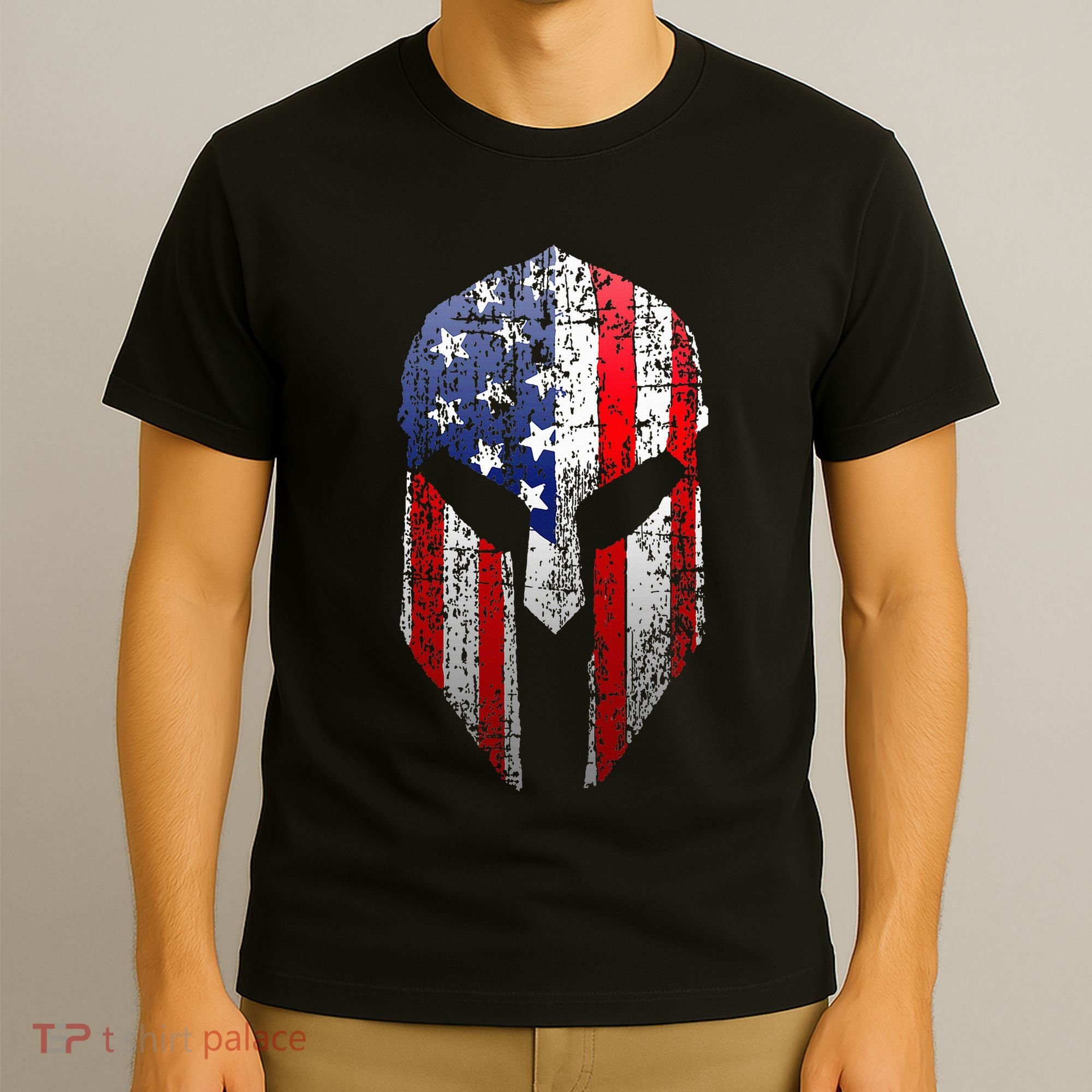 Patriotic American Spartan Warrior Usa Flag Helmet T-Shirt