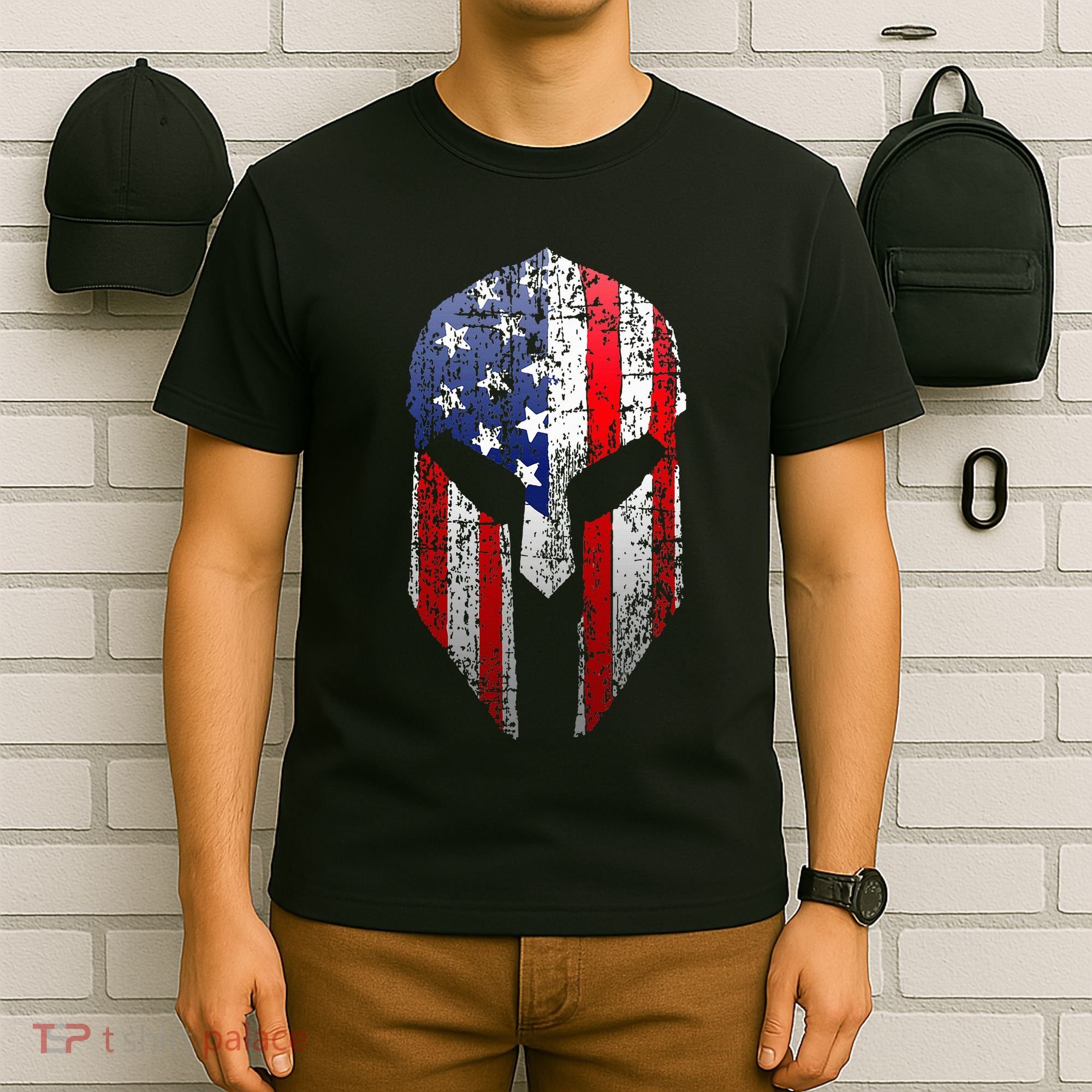 Patriotic American Spartan Warrior Usa Flag Helmet T-Shirt