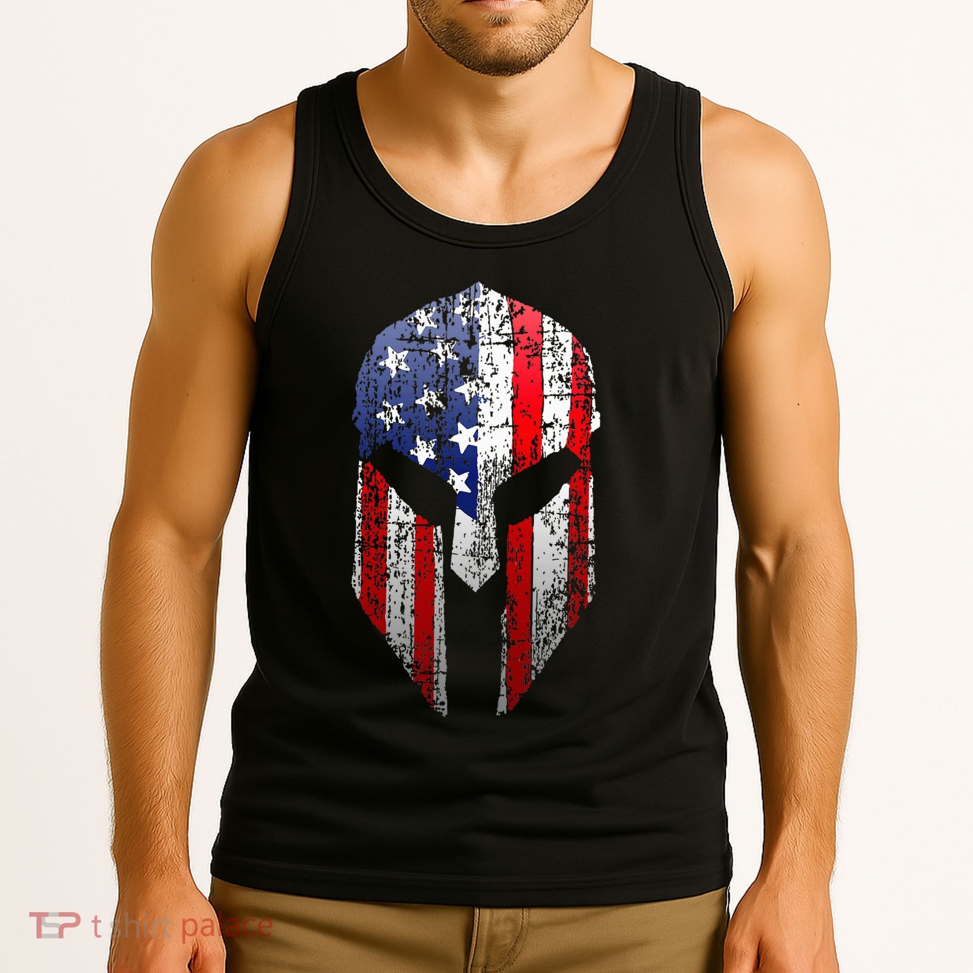 Patriotic American Spartan Warrior Usa Flag Helmet Tank Top