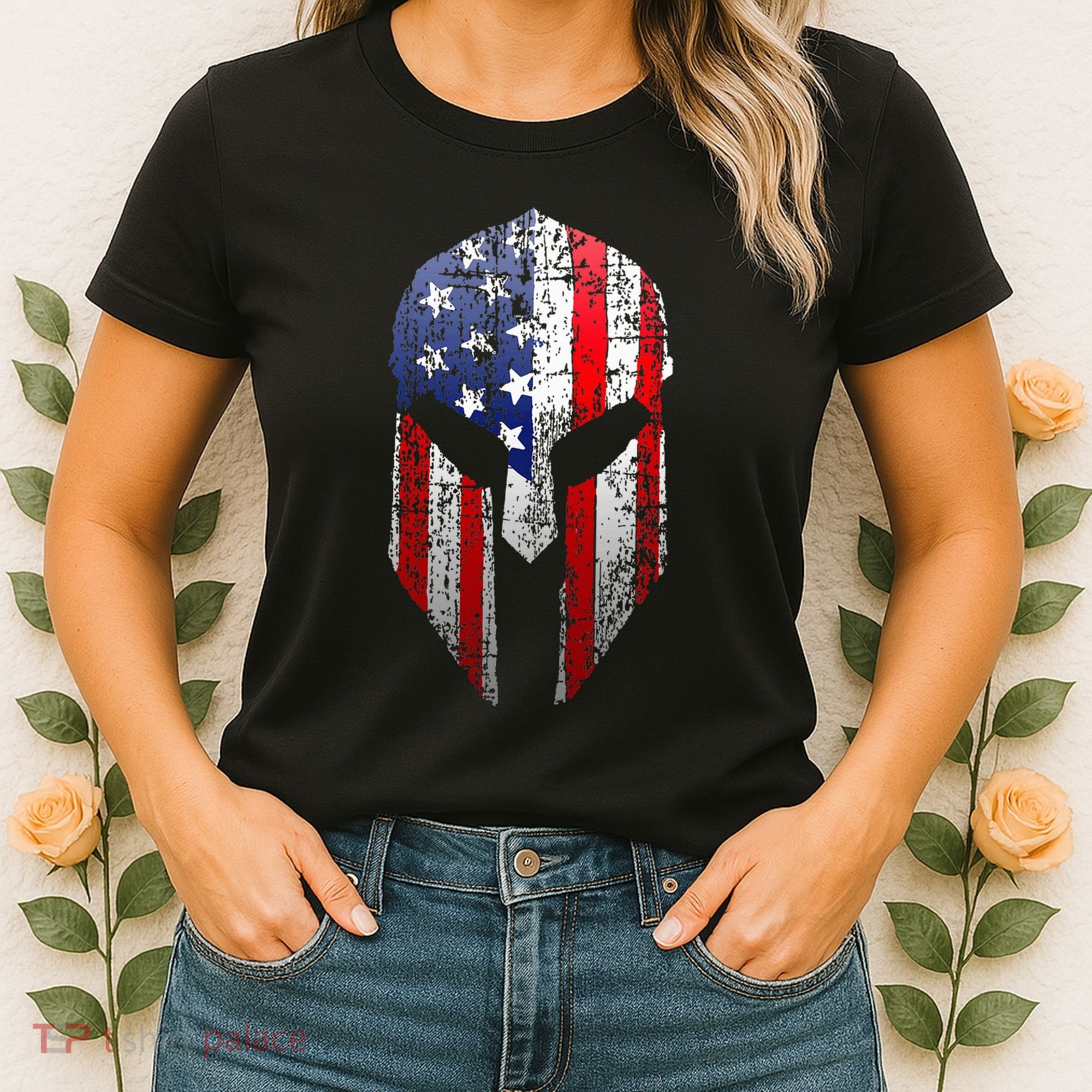 Patriotic American Spartan Warrior Usa Flag Helmet Women's T-Shirt