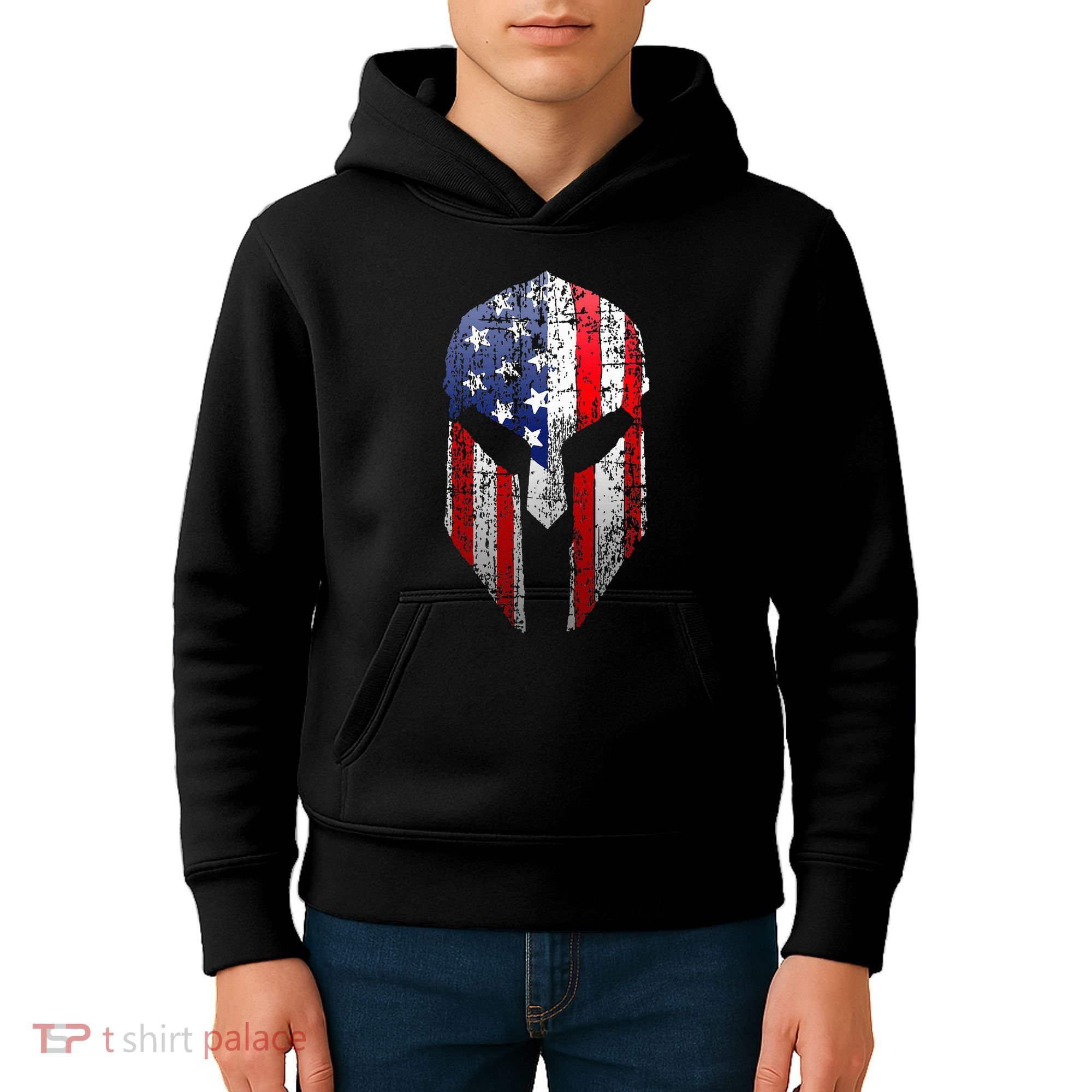 Patriotic American Spartan Warrior Usa Flag Helmet Kids Hoodie