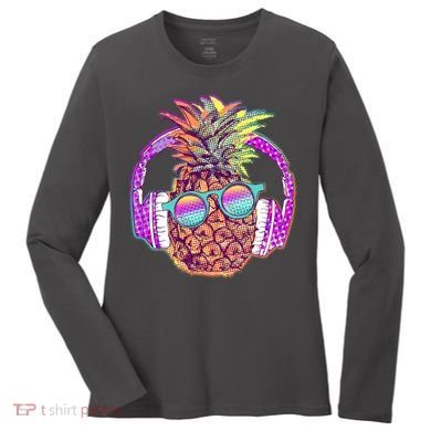 Pop Art Summer Time Headphones Pineapple Women's Long Sleeve Shirt