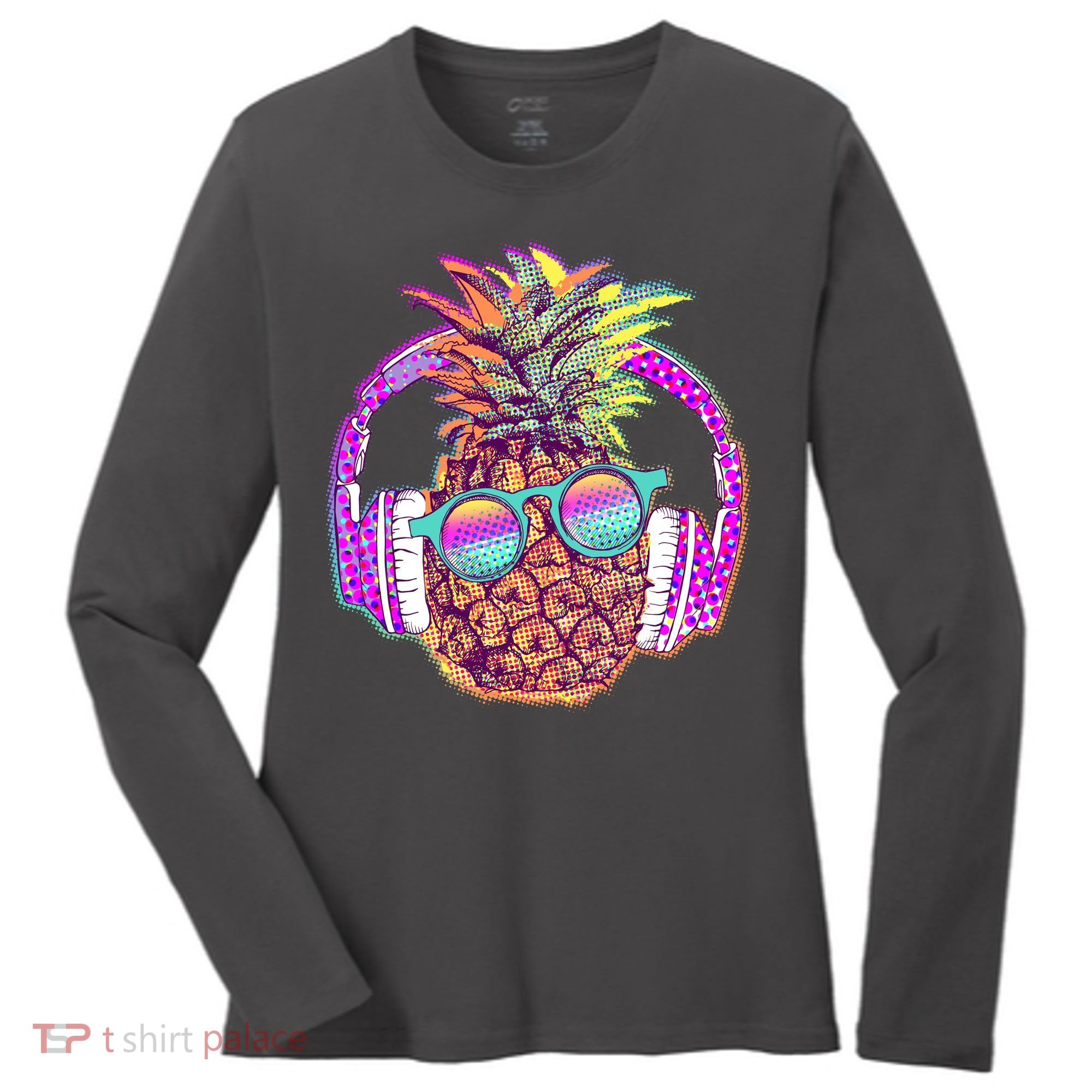 Pop Art Summer Time Headphones Pineapple Women's Long Sleeve Shirt