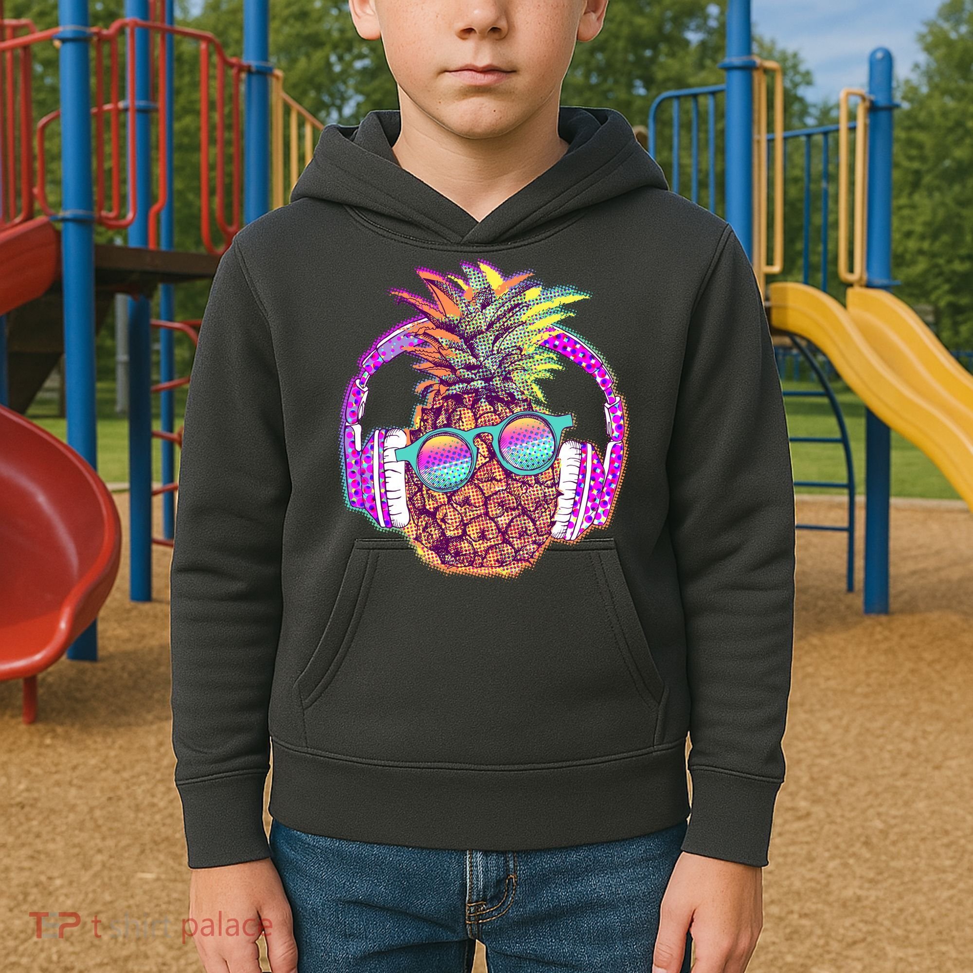Pop Art Summer Time Headphones Pineapple Kids Hoodie