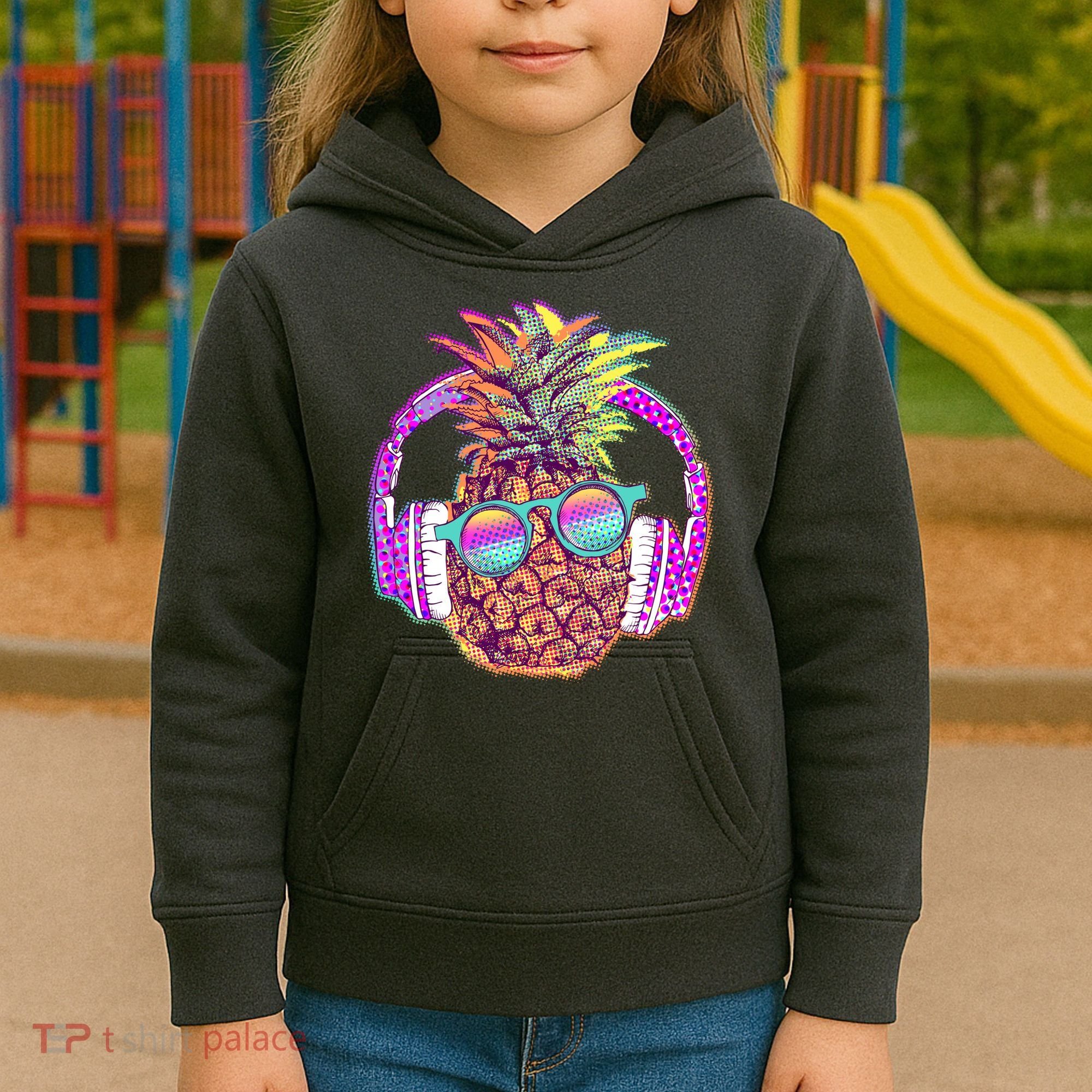 Pop Art Summer Time Headphones Pineapple Kids Hoodie