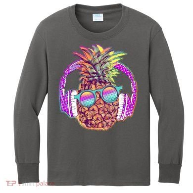 Pop Art Summer Time Headphones Pineapple Kids Long Sleeve Shirt